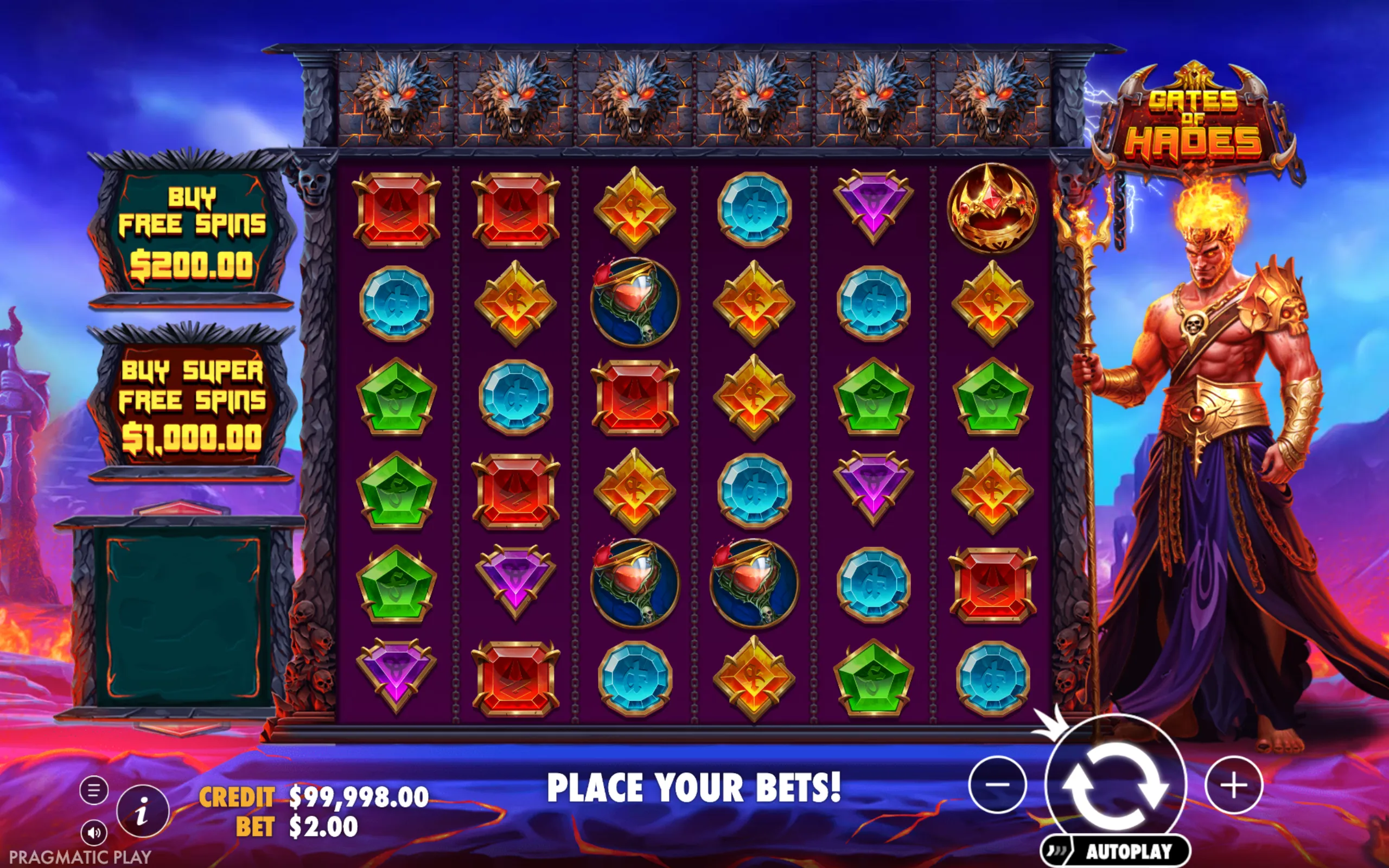 Gates of Hades slot game with fiery mythological warrior, glowing gem symbols, and options to buy free spins and super free spins