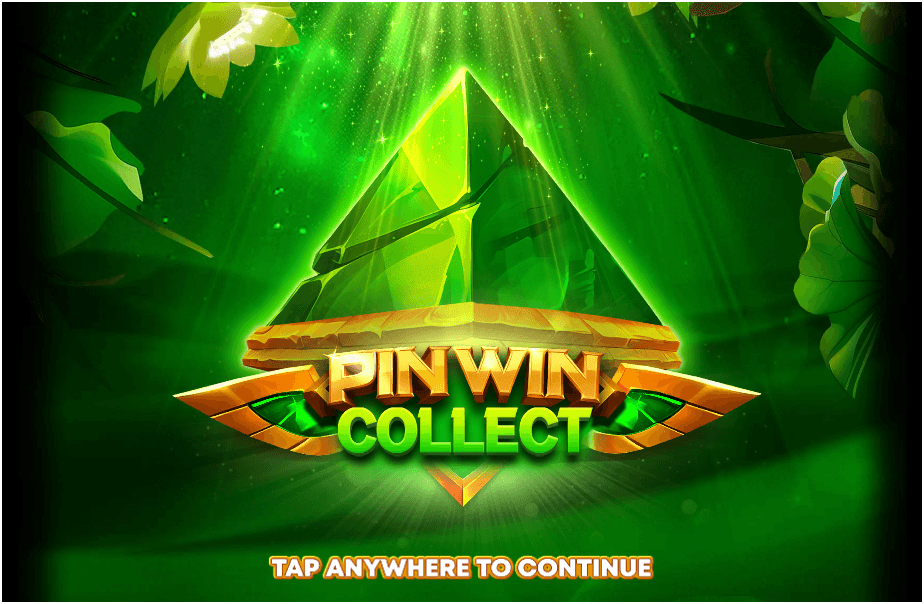 A glowing green pyramid with the text "PIN WIN COLLECT" appears at the center, surrounded by jungle leaves and golden light beams.