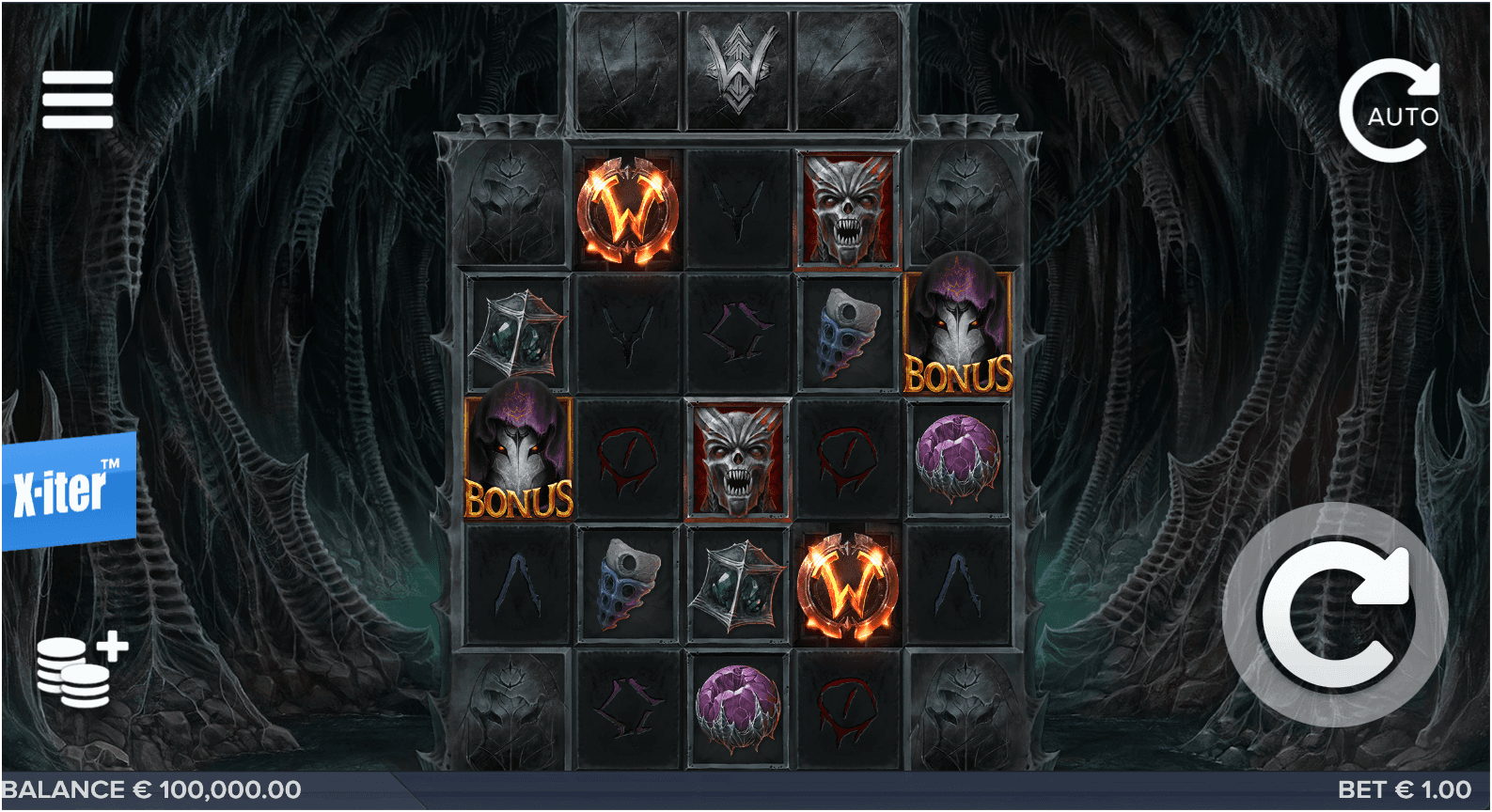 A dark-themed slot grid featuring bonus symbols, skull-faced characters, glowing wilds, and various rune-like icons.