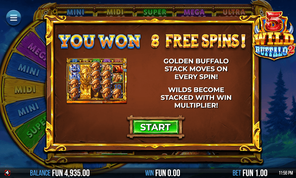 Bonus trigger screen displaying "You Won 8 Free Spins" with feature preview and explanation text about golden buffalo stacks and wild multipliers.