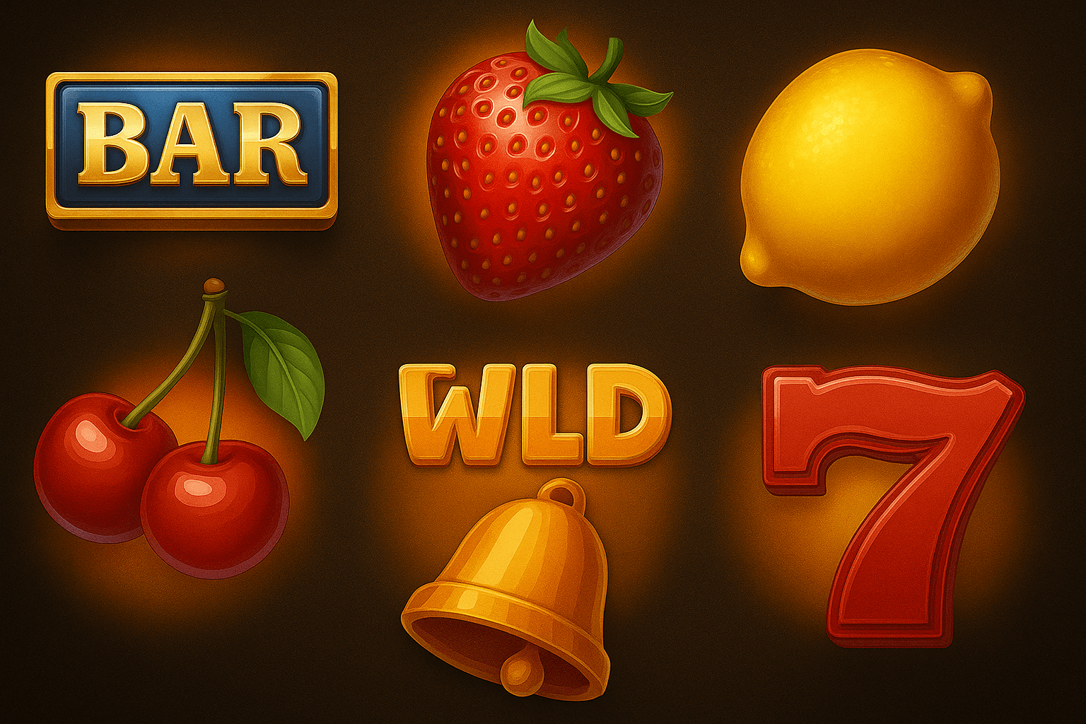 Slot machine symbols including BAR, strawberry, lemon, cherries, WLD (wild), golden bell, and red number 7 on a dark background.