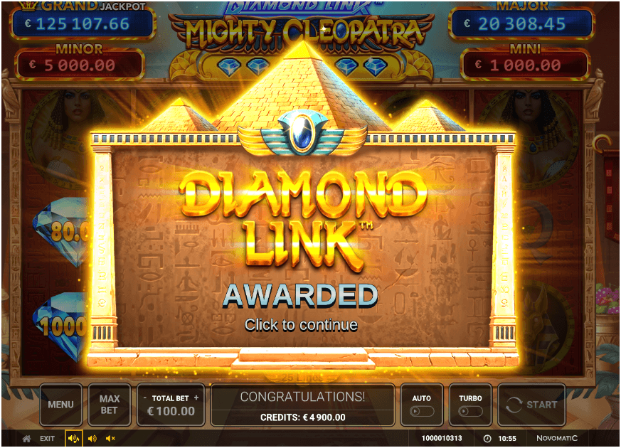 A golden pyramid backdrop with hieroglyphs displays the message “Diamond Link Awarded” at the center of a slot game screen with illuminated accents.