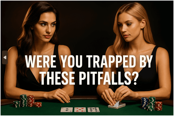Two confident female poker players sitting at a green table, highlighting gambling psychology traps and strategic ways to avoid common betting pitfalls.