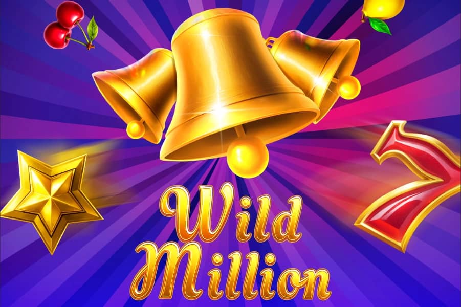 Wild Million slot logo with golden bells, classic fruit symbols, and radiating purple background
