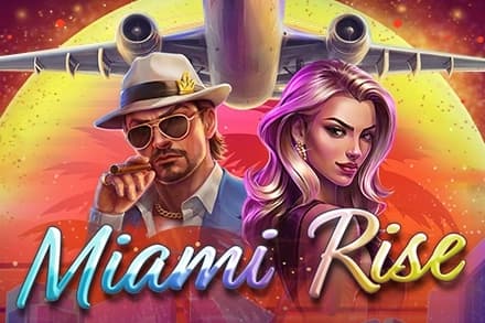 A man in sunglasses and a white hat holds a cigar beside a glamorous woman, with a large airplane flying overhead and a neon-colored sunset in the background.