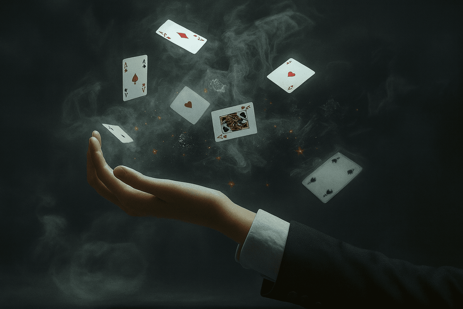 A suited hand extends upward beneath a swirling cloud of smoke, with playing cards suspended mid-air among glowing sparks.
