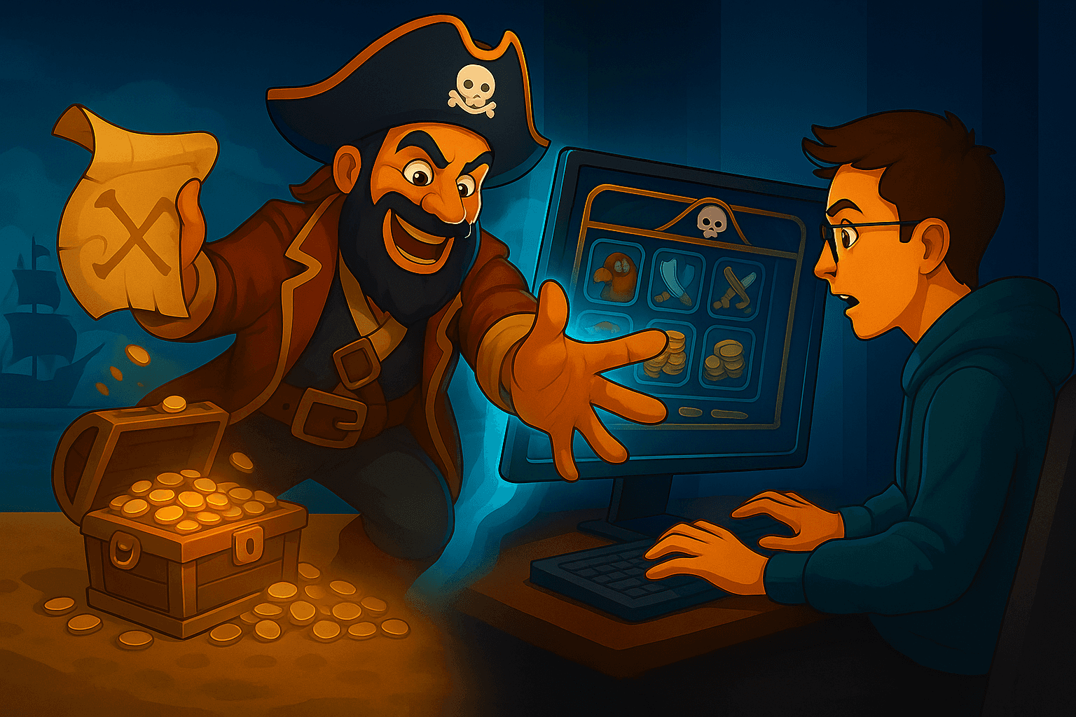Pirate reaching out of a slot game screen toward a surprised player, with treasure and pirate symbols visible.