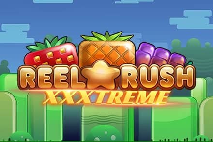 Reel Rush XXXtreme logo with fruit symbols on vibrant game background