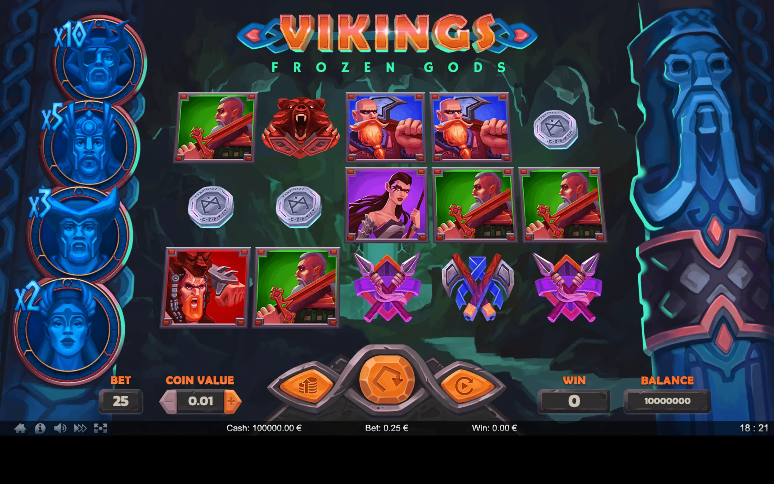 Vikings Frozen Gods slot game interface featuring Viking warrior symbols, multipliers, and rune coins set against a dark, icy cave backdrop.