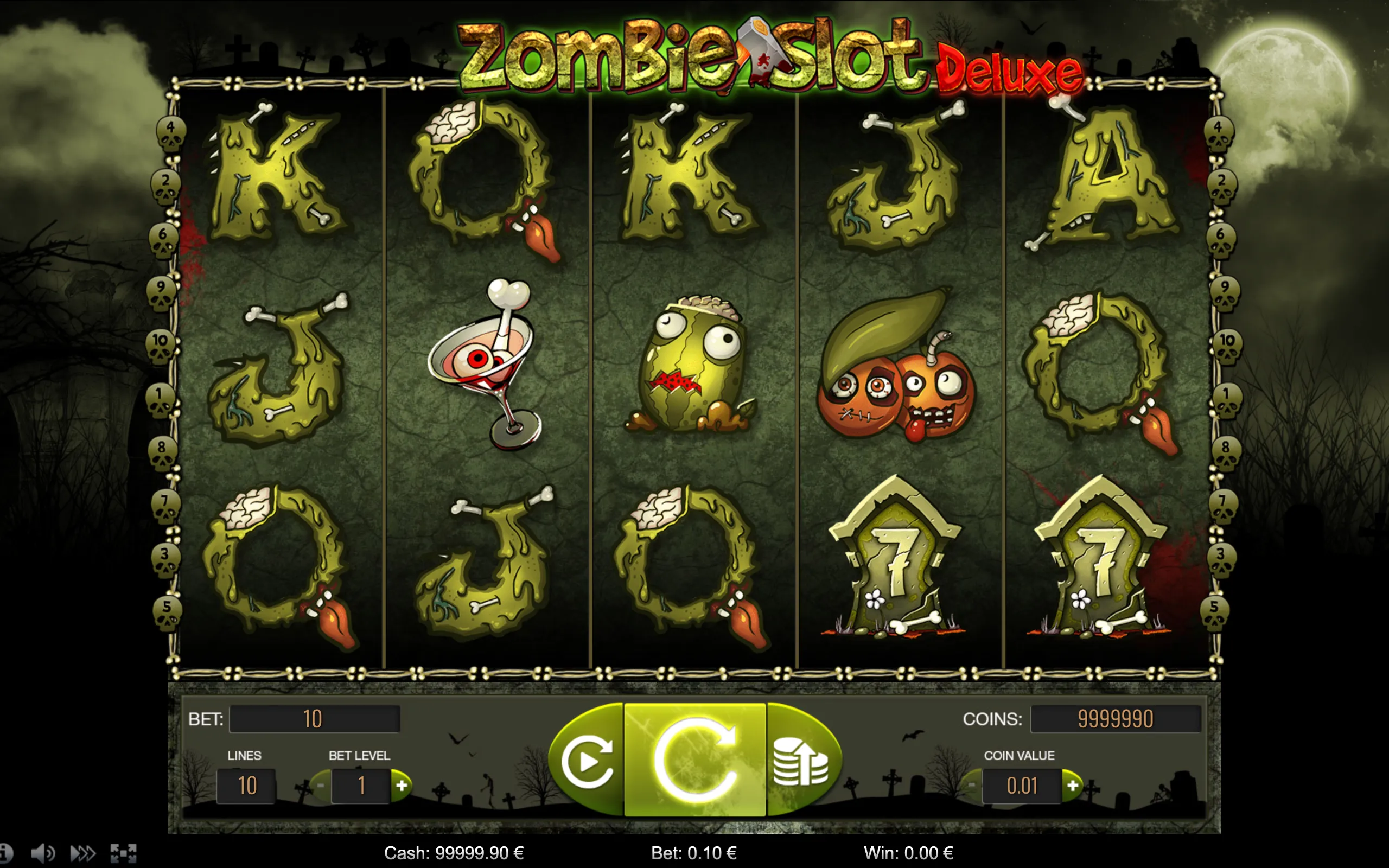 Zombie Slot Deluxe features cartoonish zombie-themed symbols including rotting letters, brains, eyeballs, and grave markers on a dark graveyard backdrop under a full moon.