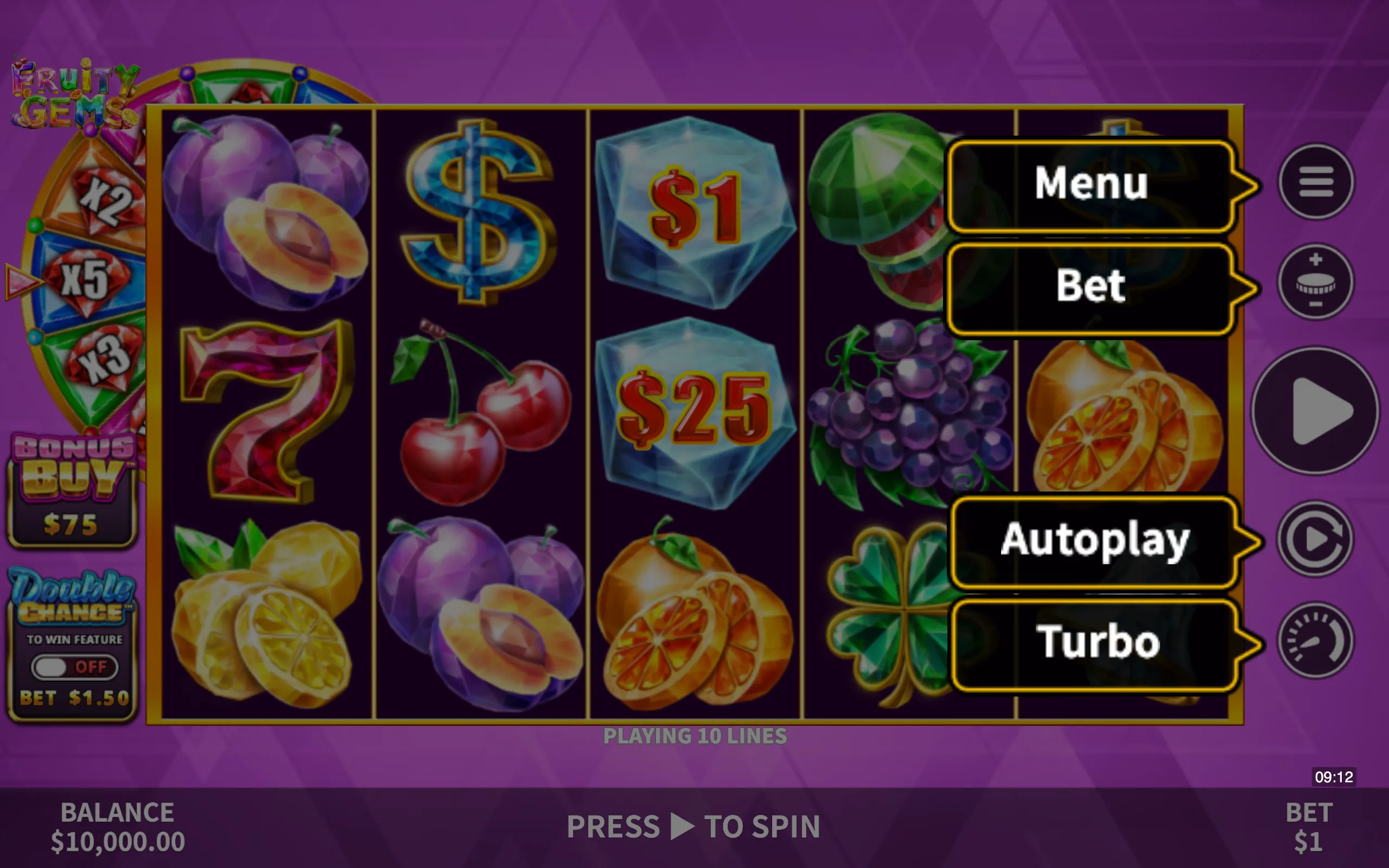 Fruity Gems symbol payouts on the game board