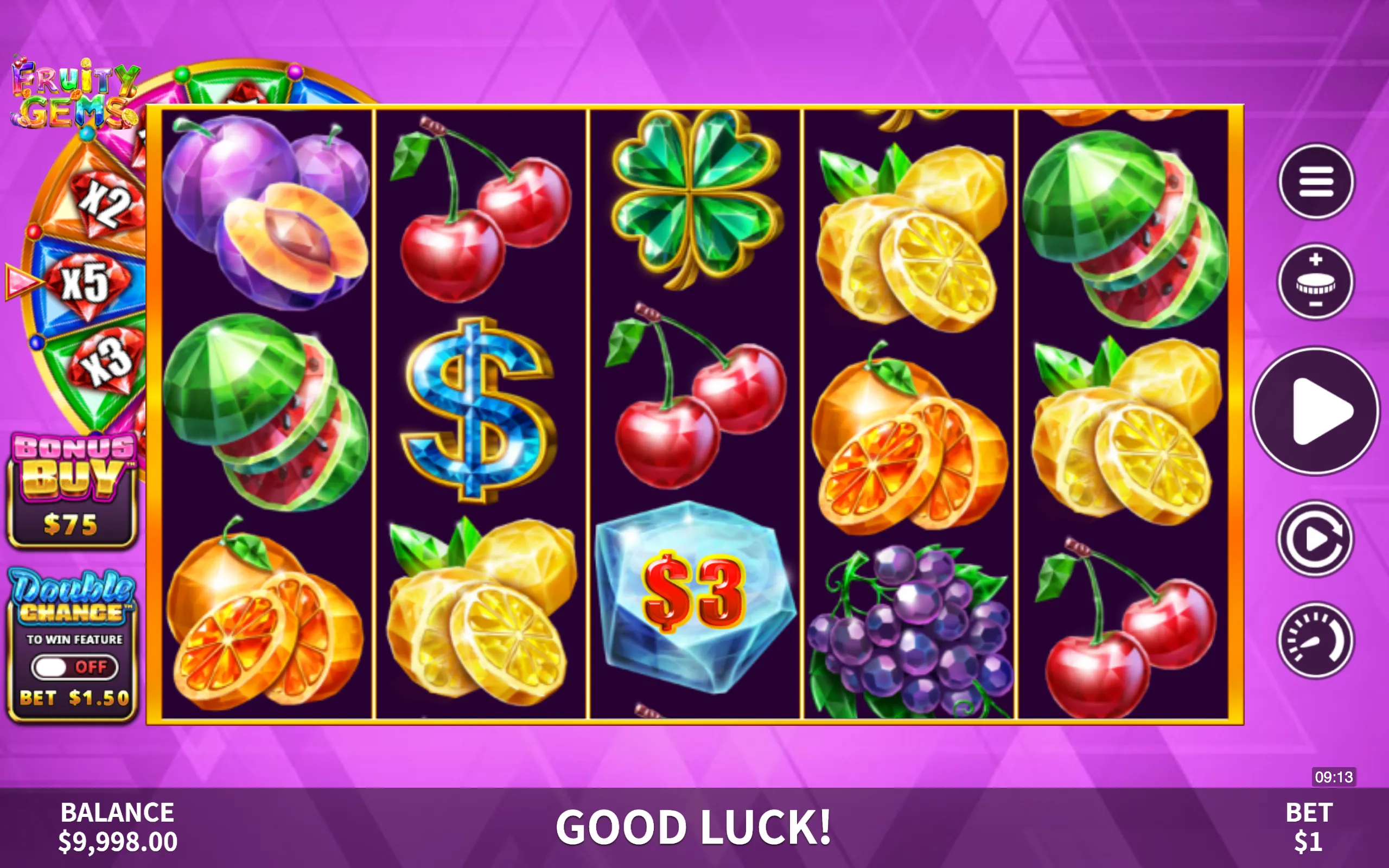 Bright and colorful slot reels featuring gem-cut fruit symbols like cherries, plums, lemons, oranges, grapes, and watermelons, alongside a green four-leaf clover and a blue dollar sign symbol.