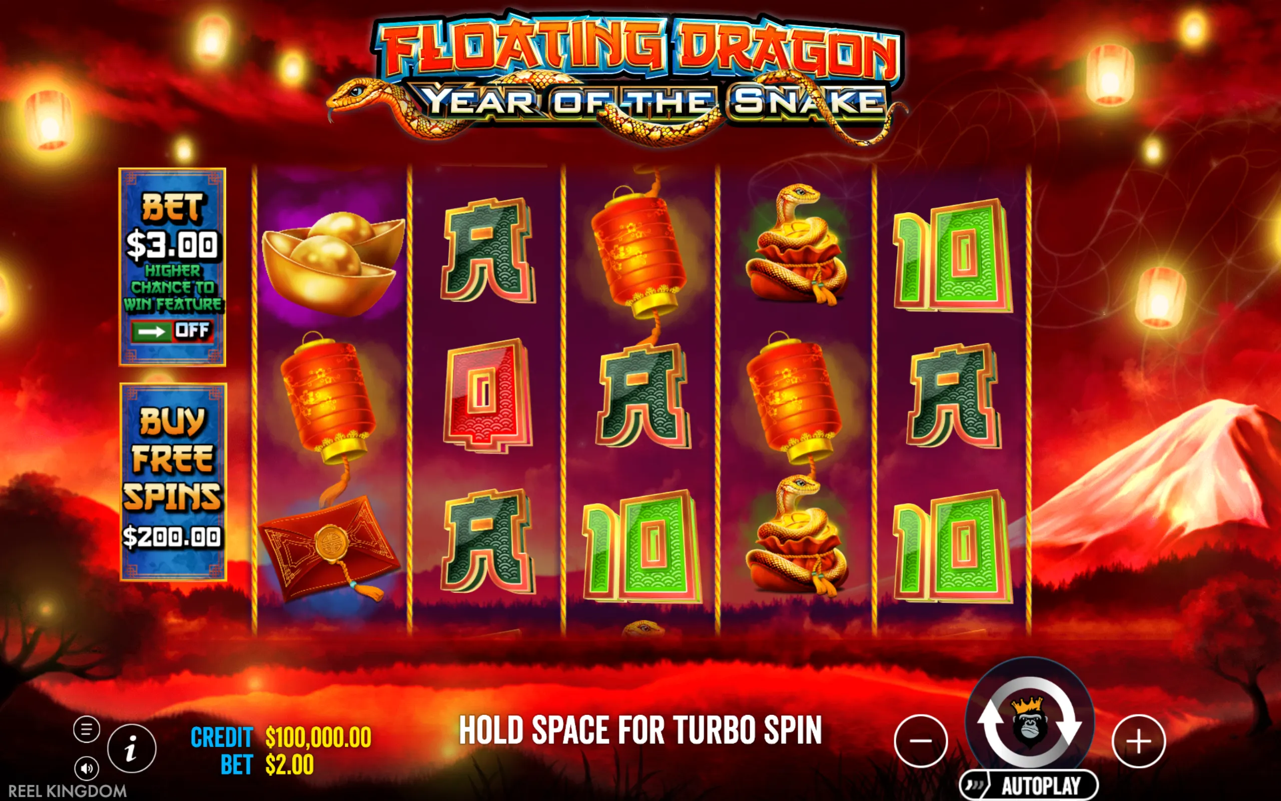 Floating Dragon - Year of the Snake slot game interface with vibrant snake, lanterns, gold ingots, and traditional Asian symbols set against a glowing red sky and mountain backdrop.
