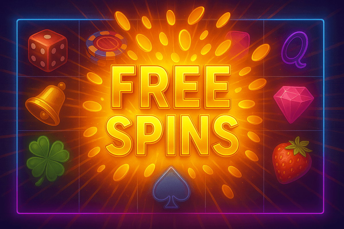 Bold "FREE SPINS" text radiates from the center of a slot game grid, surrounded by glowing coins and classic symbols like dice, bell, clover, gem, and strawberry.