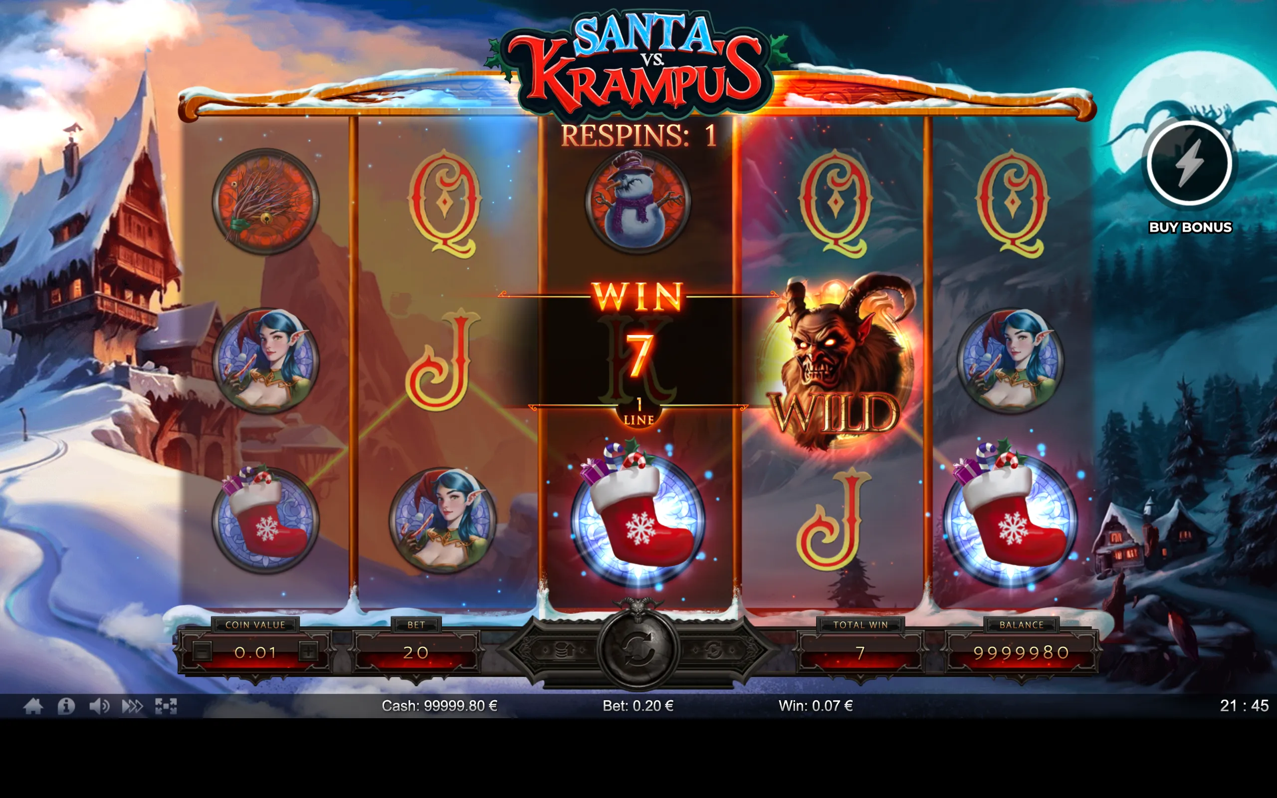 Santa vs Krampus slot game with symbols including a wild Krampus, festive stockings, elves, and traditional card icons set against a snowy village and eerie moonlit forest backdrop.