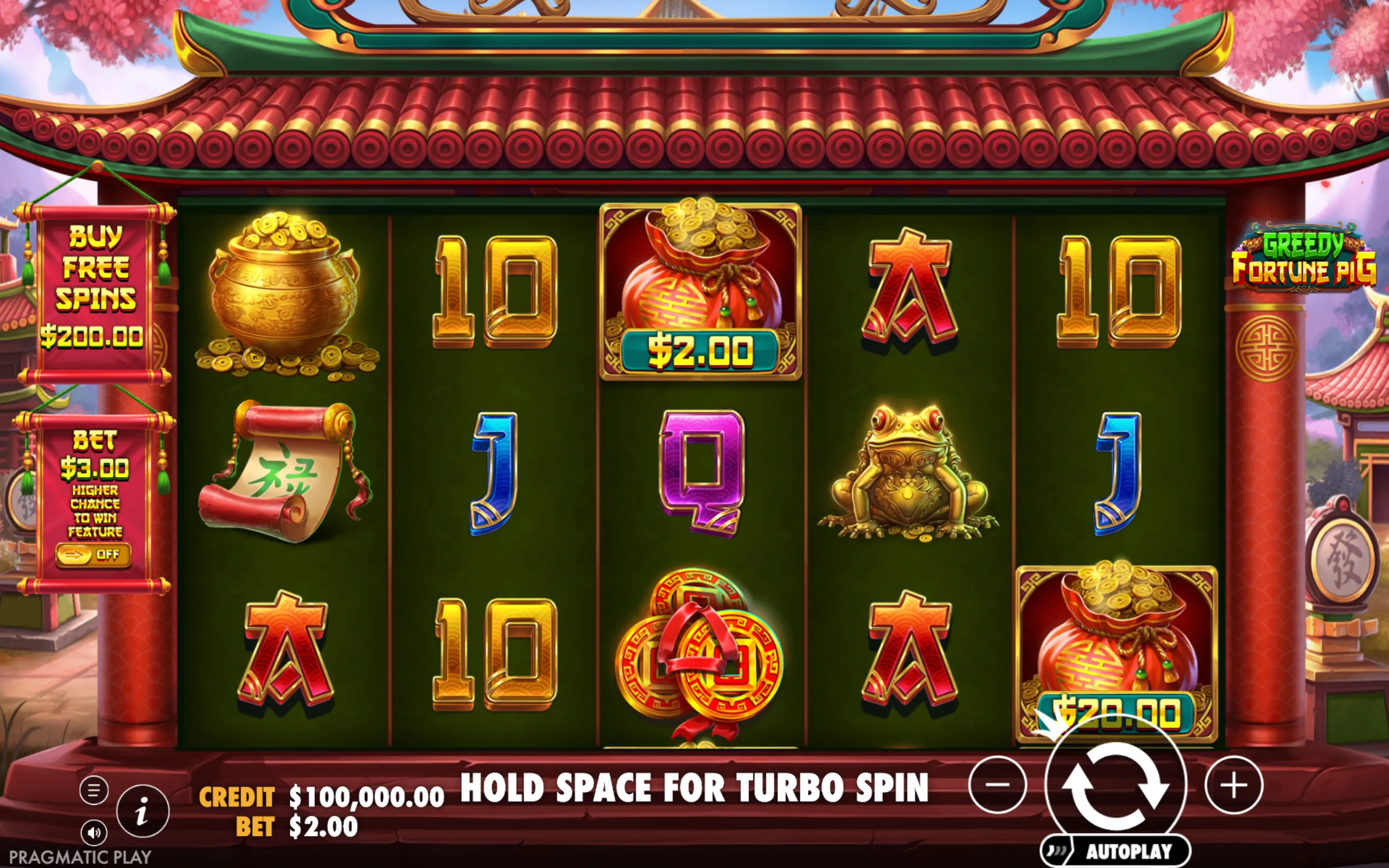 Slot game interface with symbols of gold coins, a golden frog, red money bags, and traditional Asian motifs on a green reel background under a red tiled roof.