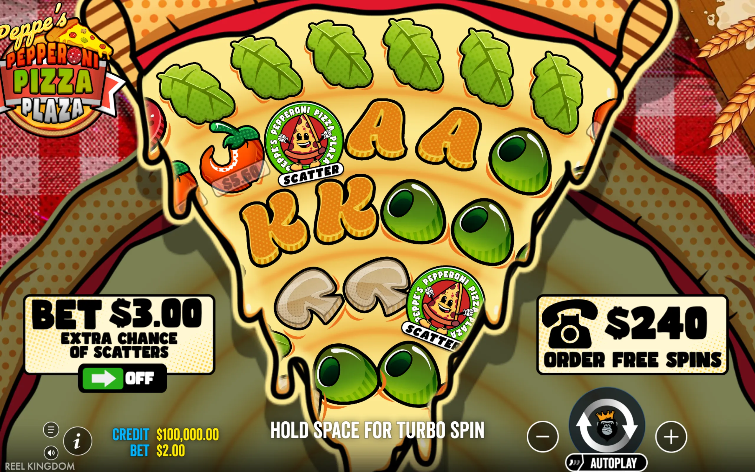 Colorful cartoon-style pizza slice slot game interface featuring ingredients as symbols, including pepperoni, olives, mushrooms, and basil leaves, with highlighted scatter symbols and betting options.