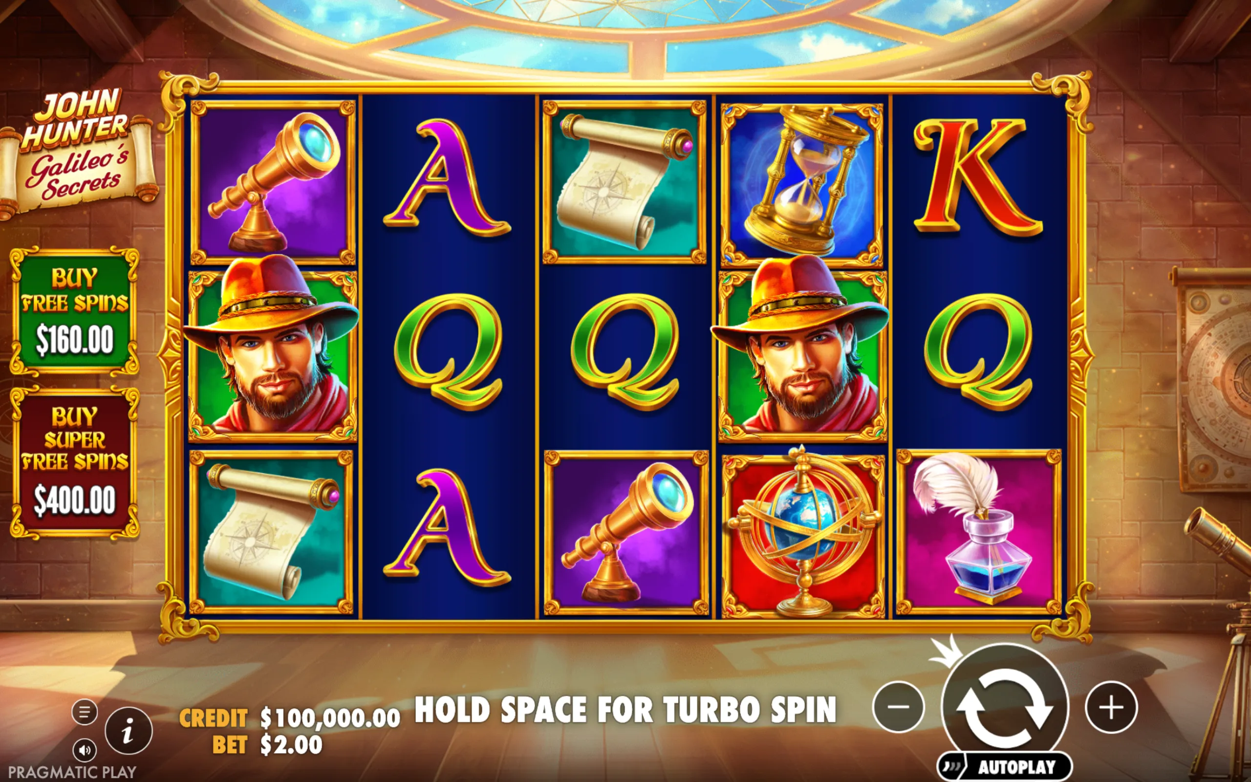 Slot game reels featuring symbols like a telescope, scroll, hourglass, explorer character, and scientific instruments with a rich, golden frame and a scholarly background.