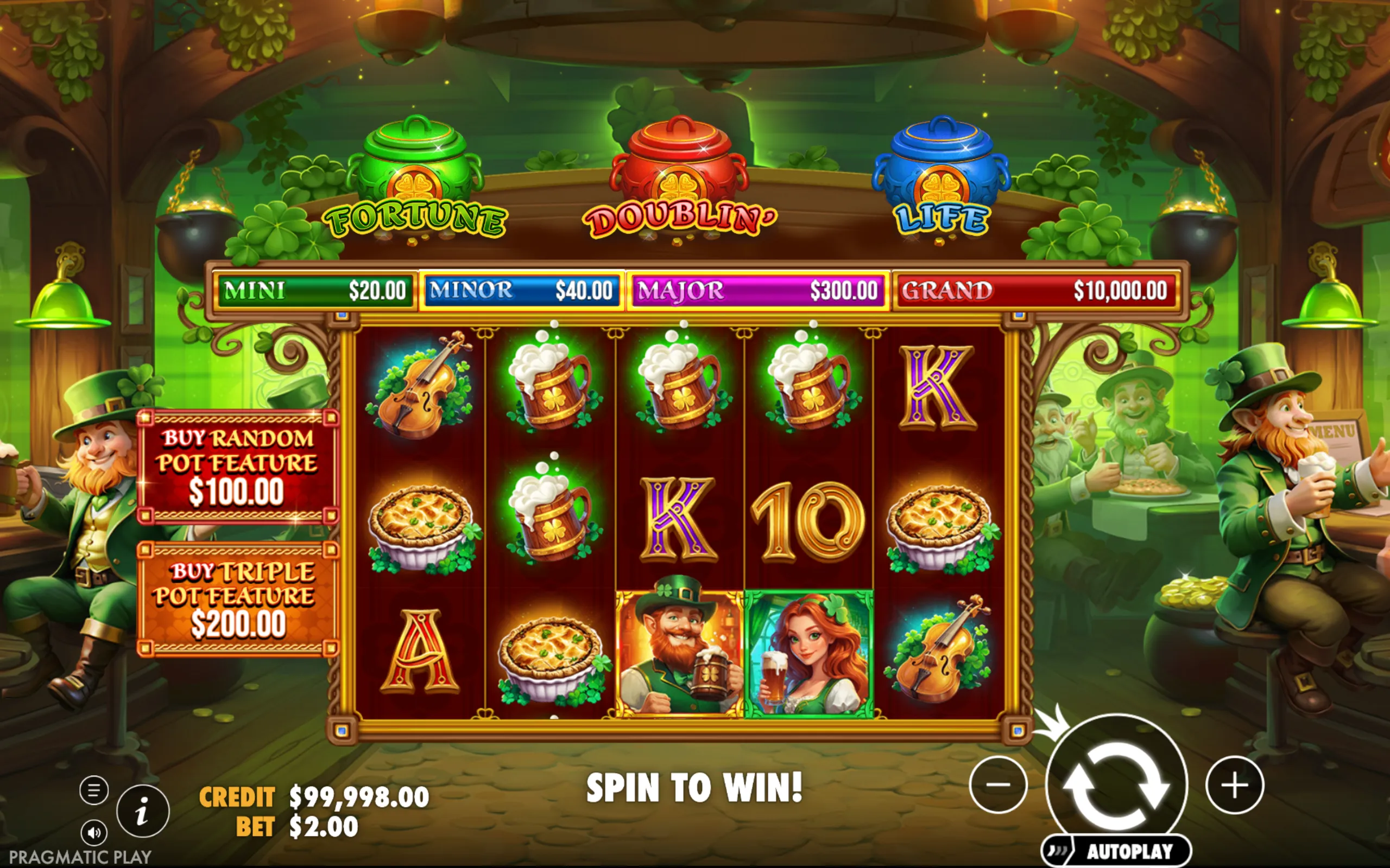 Slot game interface with leprechaun characters, Irish-themed symbols like beer mugs, pies, violins, and clovers, and jackpot pots labeled Mini, Minor, Major, and Grand with corresponding prize amounts.