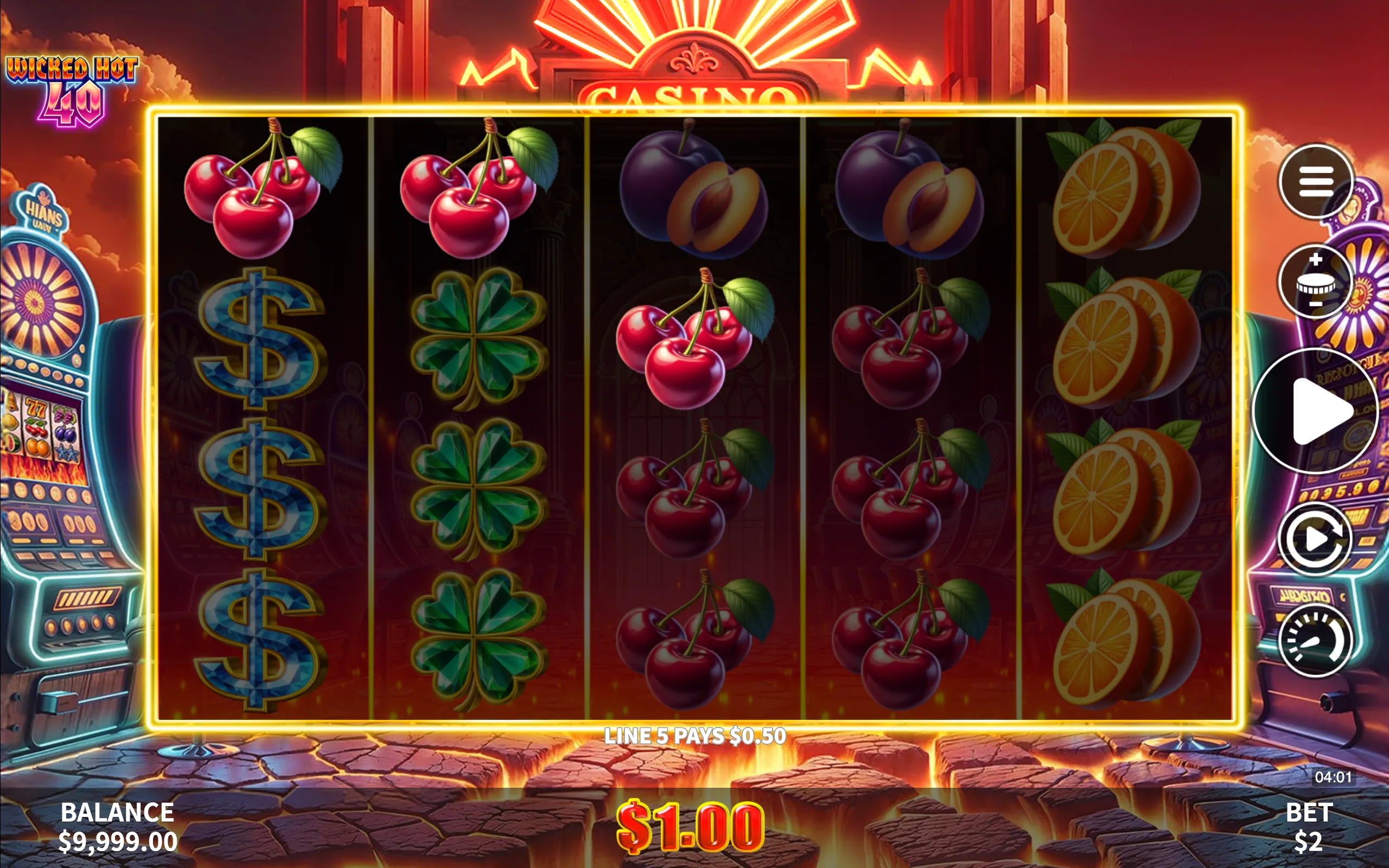Wicked Hot 40 slot game with vibrant fruit symbols like cherries, plums, and oranges, alongside dollar signs and four-leaf clovers, set against a glowing casino backdrop with a cracked, lava-like floor.