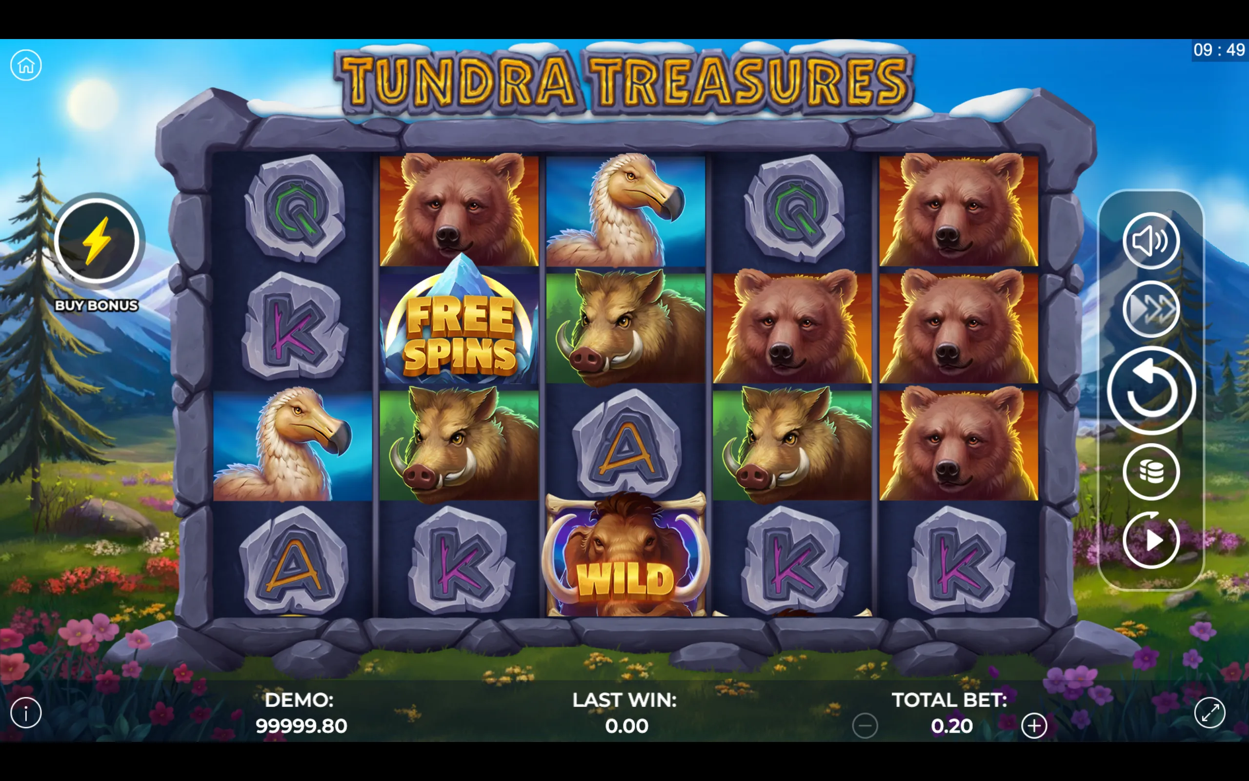 Tundra Treasures slot game featuring animal symbols like bears, boars, and dodos with stone-carved letter icons and special symbols for free spins and wilds.