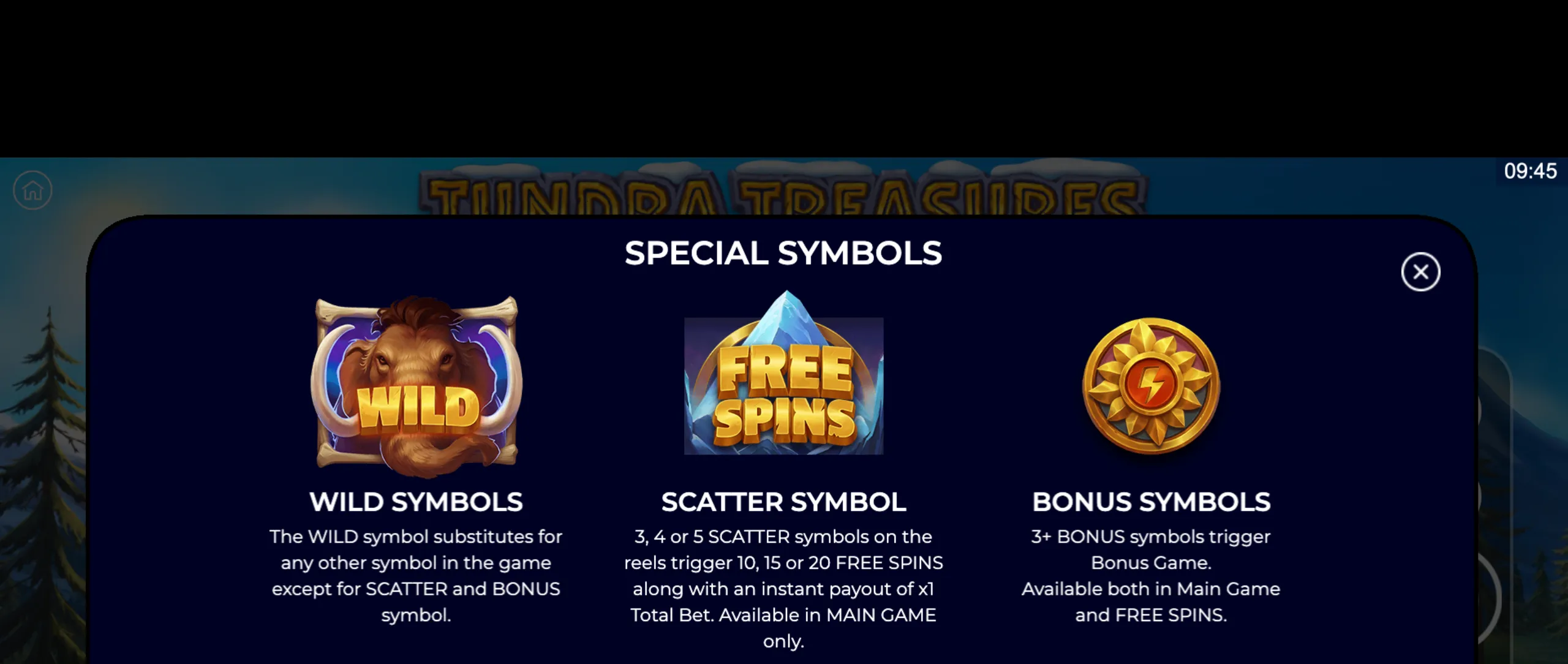 Special symbols in Tundra Treasures slot game including Wild, Scatter, and Bonus symbols with explanations of their gameplay roles.