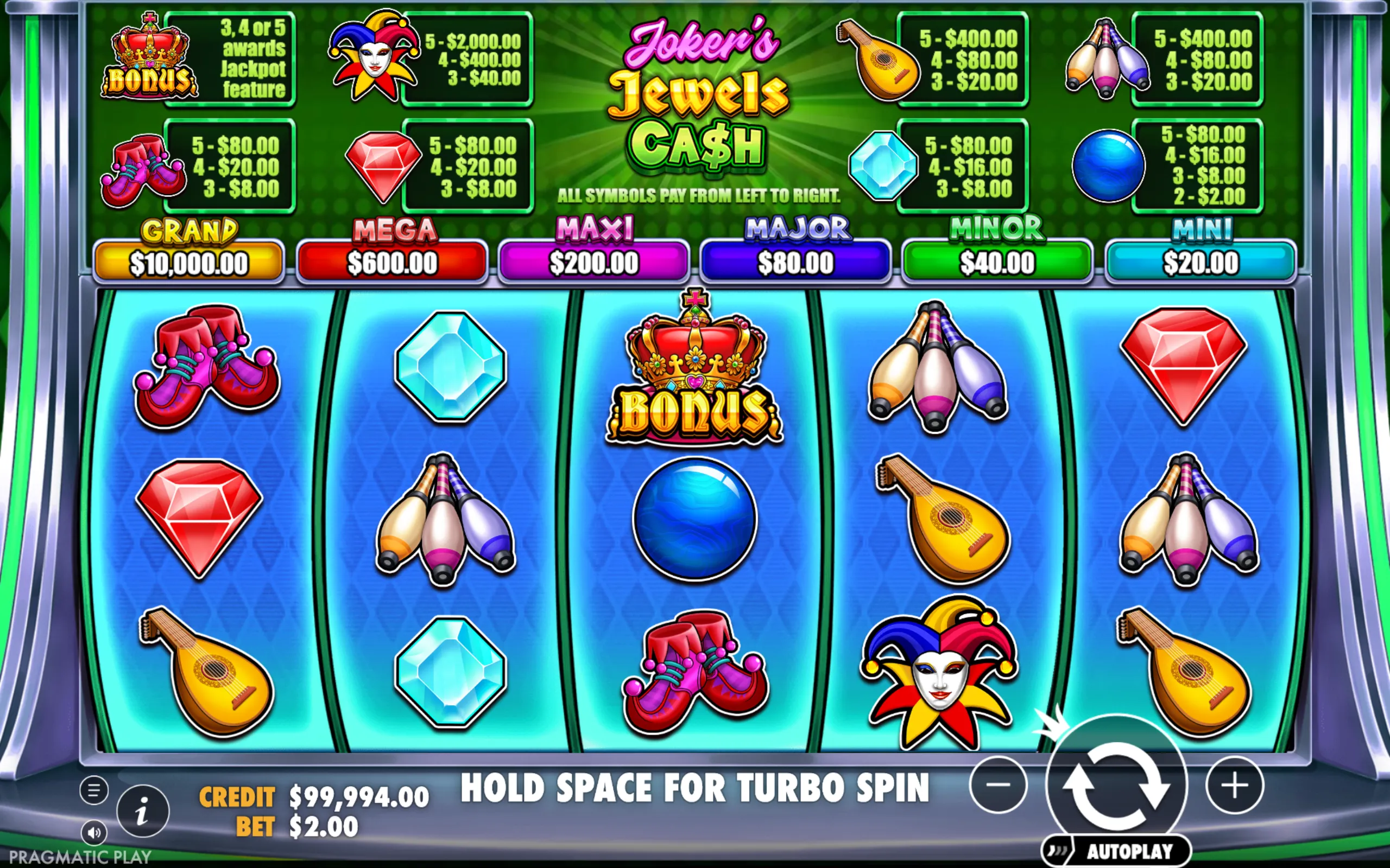 Joker's Jewels Cash slot game featuring vibrant jewel and joker symbols with jackpot prize tiers displayed above the reels.