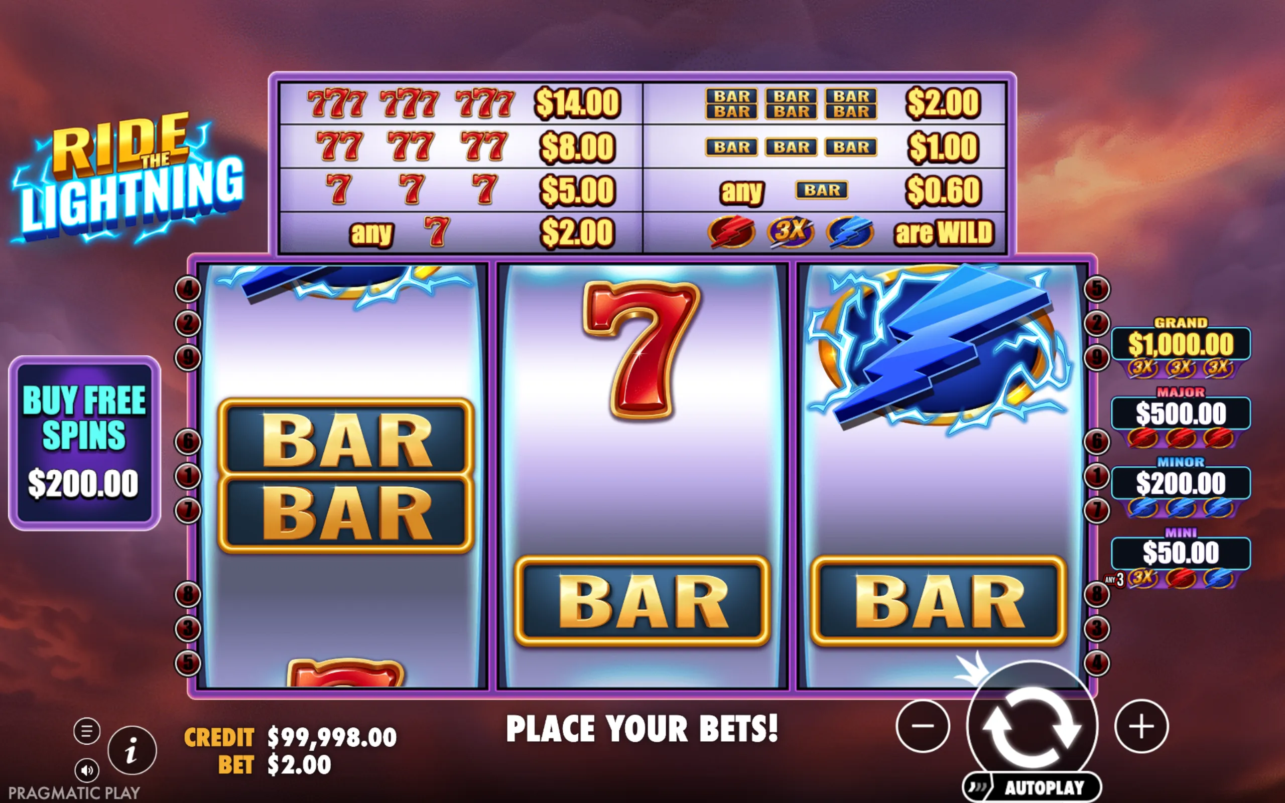 Ride The Lightning slot game interface featuring classic 7 and BAR symbols, lightning bolt wilds, and jackpot tiers with a purple and electric blue color scheme.