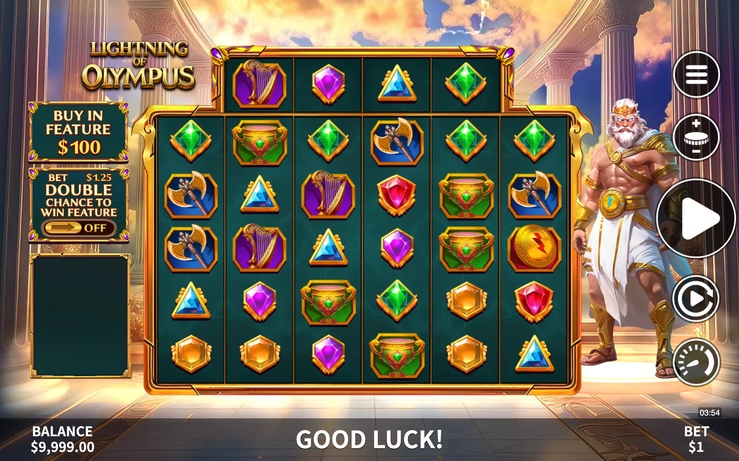 Slot game Lightning of Olympus features a Greek mythology theme with Zeus standing beside a 6x6 grid of colorful gem and weapon symbols, set against a backdrop of ancient temple columns and a dramatic sky.