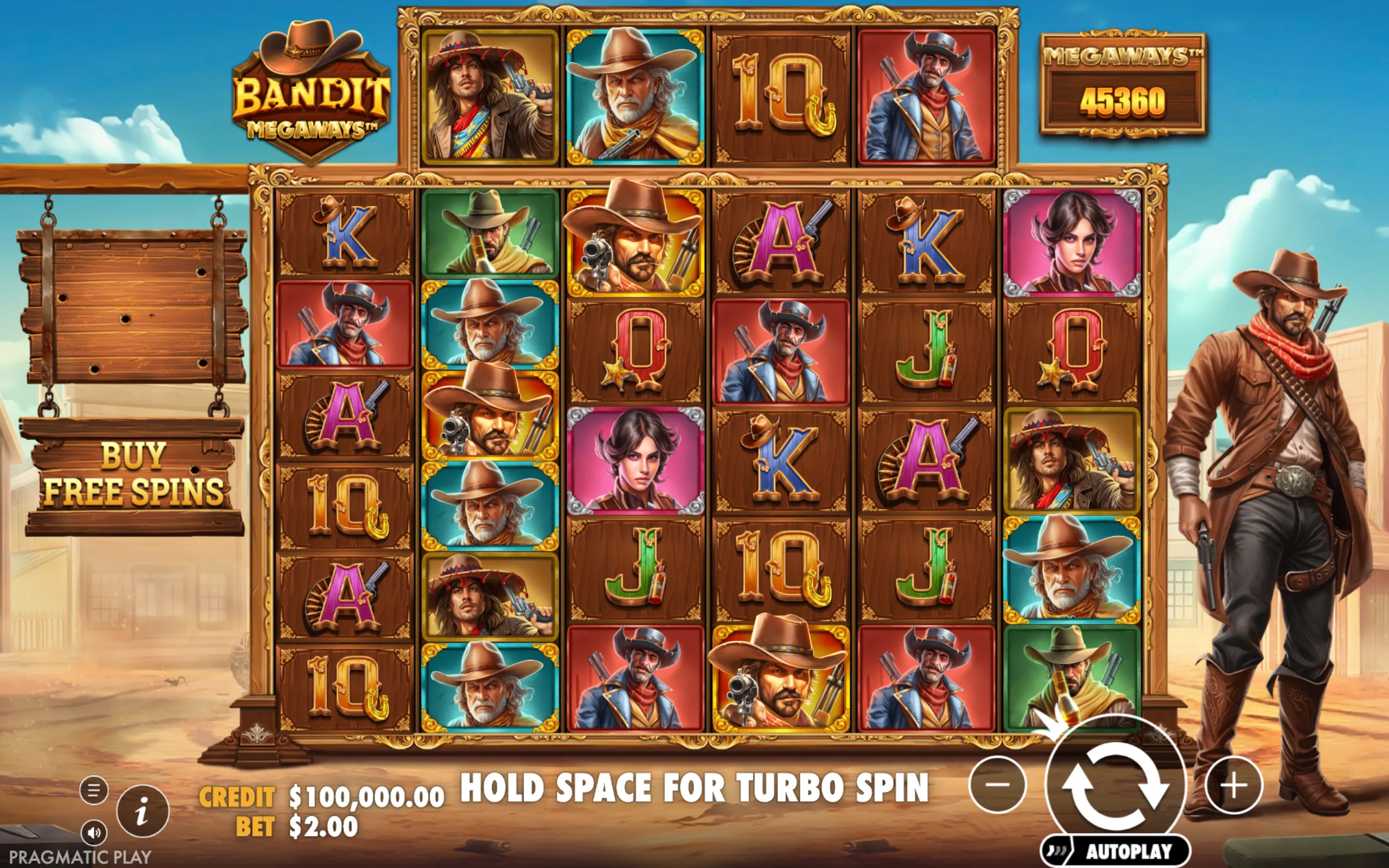Bandit Megaways slot game featuring detailed Wild West outlaw characters, wooden-themed reels with classic card symbols, and a desert town backdrop under a bright blue sky.