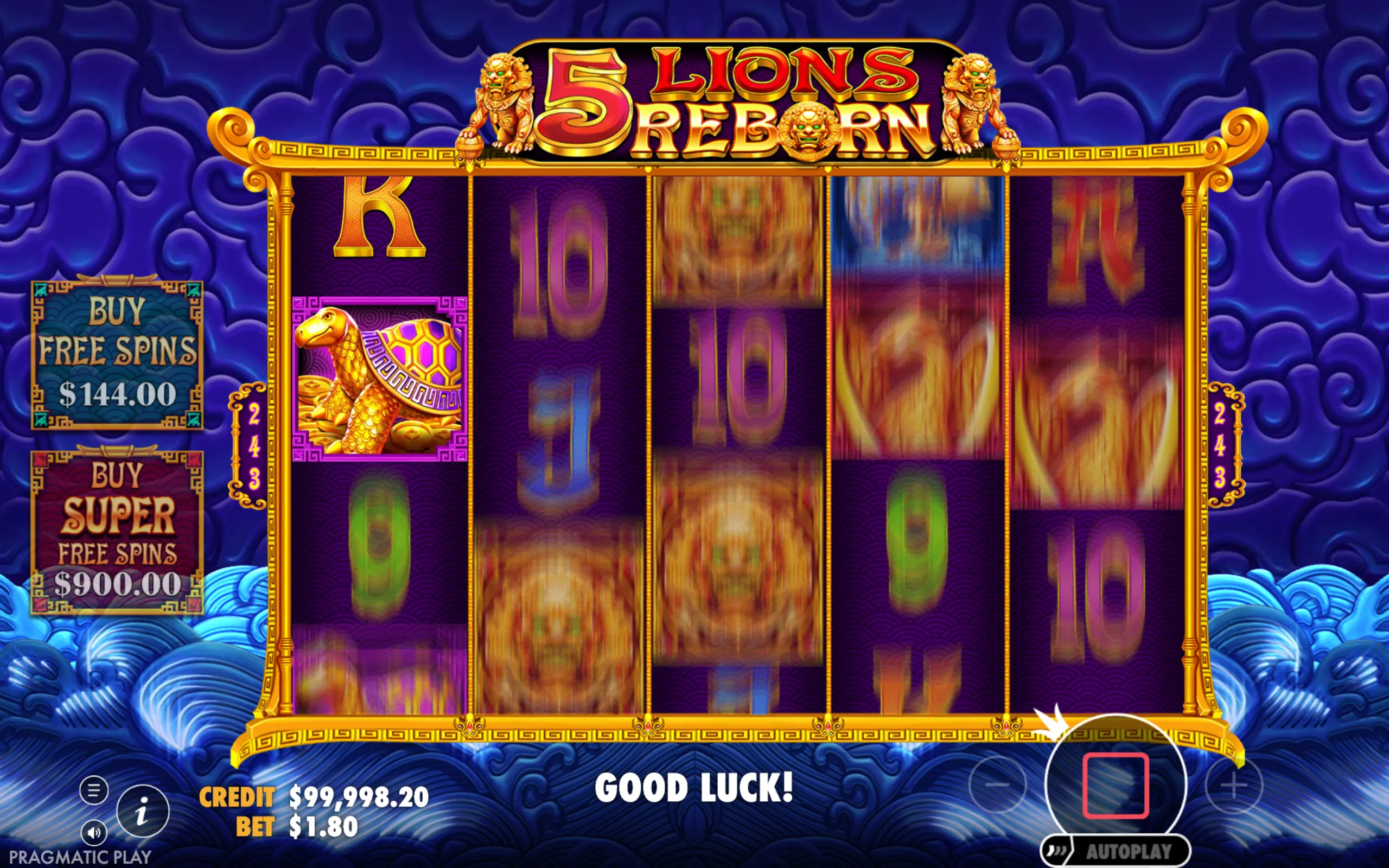 5 Lions Reborn slot game interface with spinning reels, golden lion statues, and options to buy free spins and super free spins displayed on a blue cloud-patterned background.