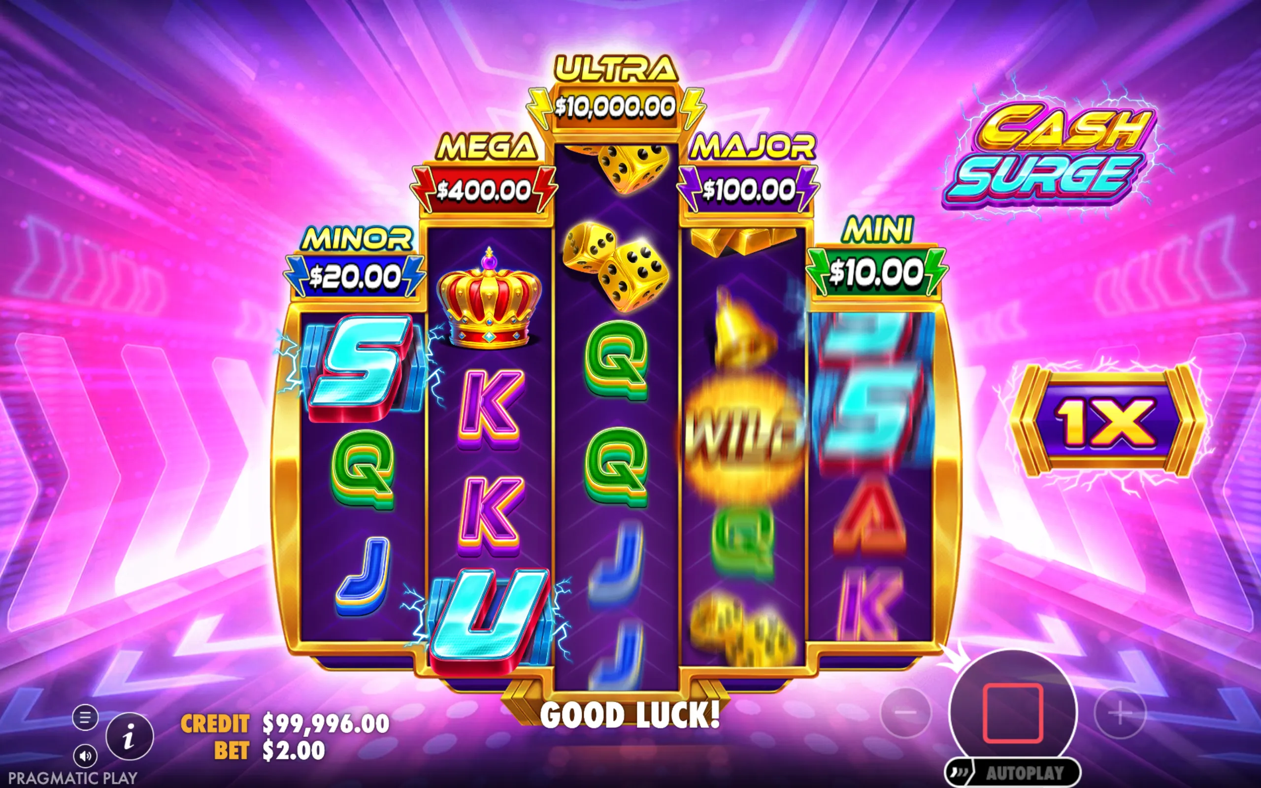 Bright and colorful slot game interface featuring multiple jackpot tiers, classic slot symbols, and a dynamic multiplier display on a vibrant purple and pink background.