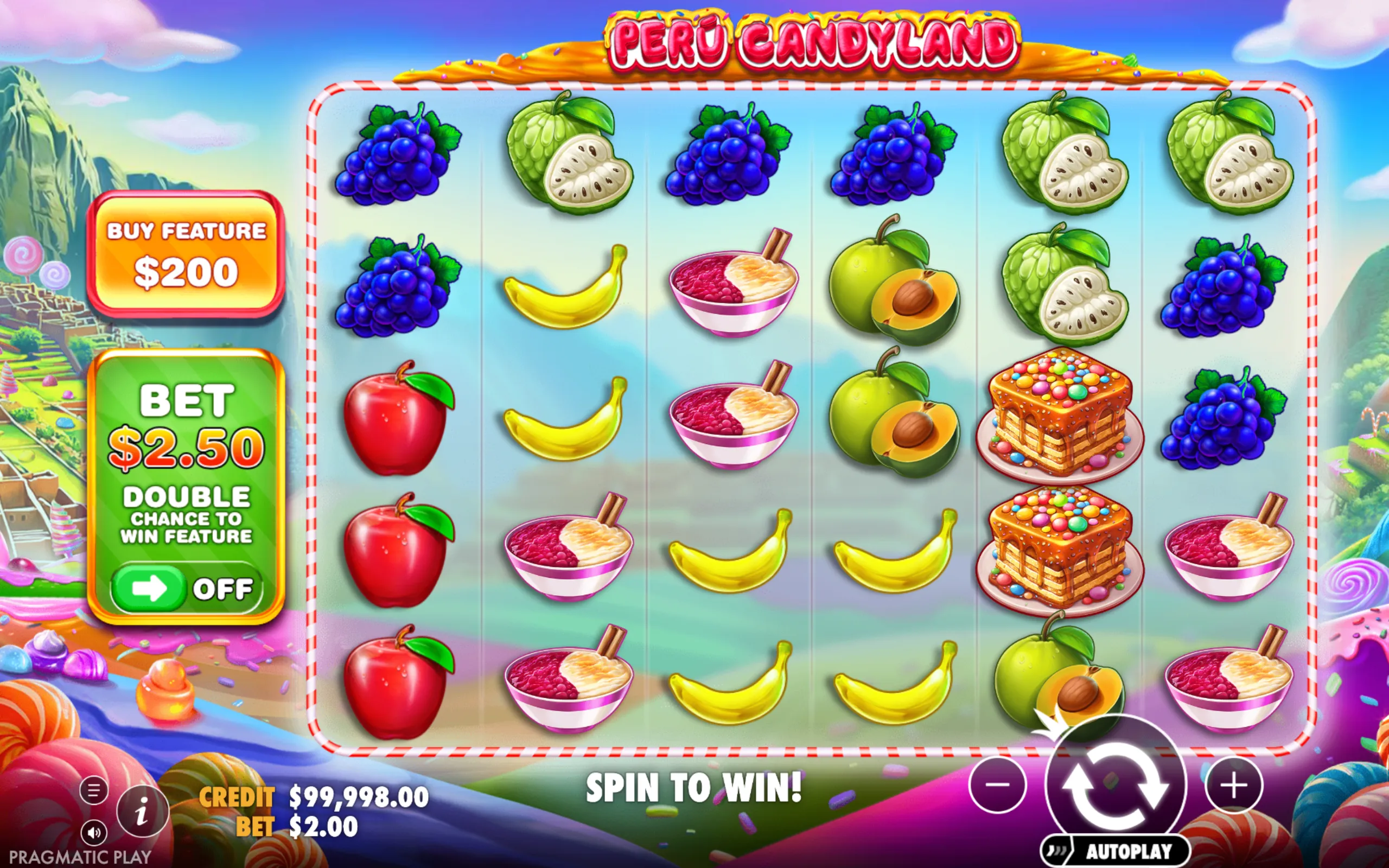 Bright slot game interface featuring colorful fruit and dessert symbols with a candy-themed Peruvian backdrop and a prominent buy feature button.
