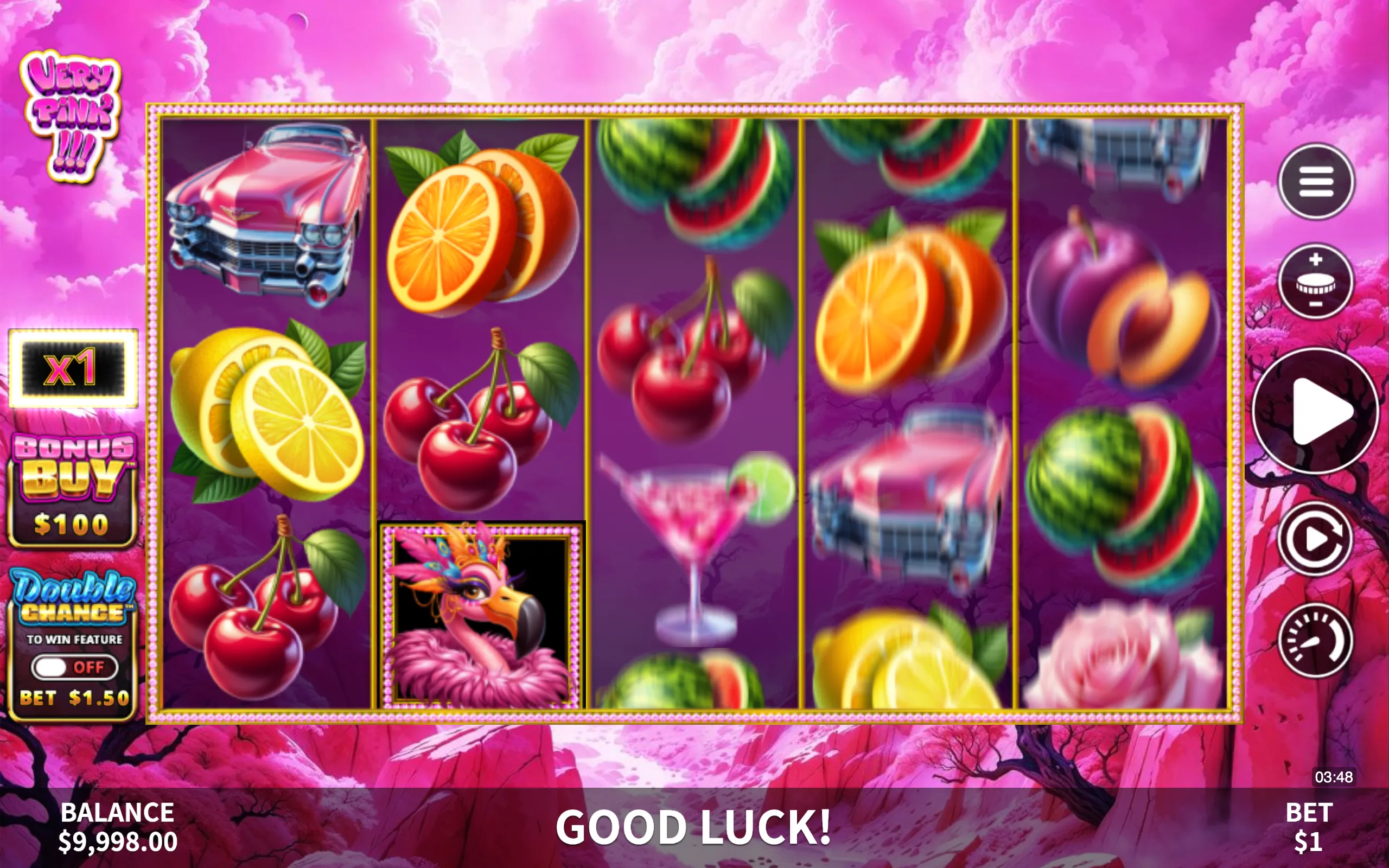 Slot game reels featuring classic fruit symbols like cherries, oranges, lemons, watermelons, and plums alongside retro pink cars and a flamboyant flamingo character, set against a vivid pink sky background.