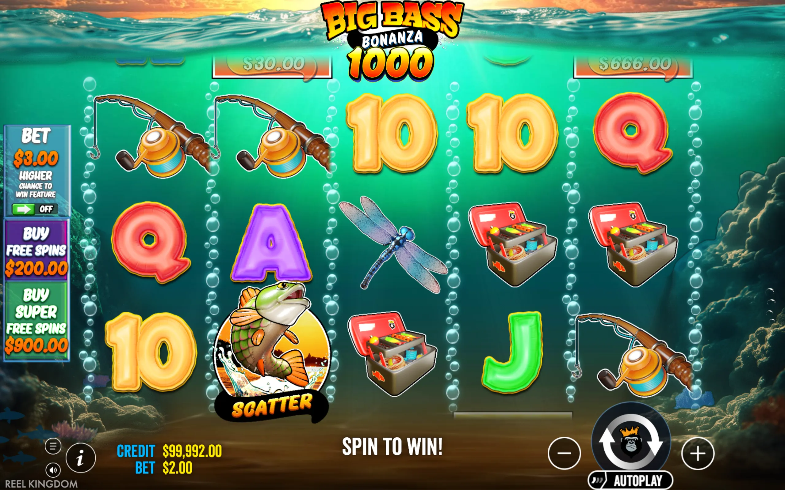 Underwater themed slot game interface featuring fishing rods, fish, tackle boxes, and colorful letter symbols with a vibrant ocean backdrop.