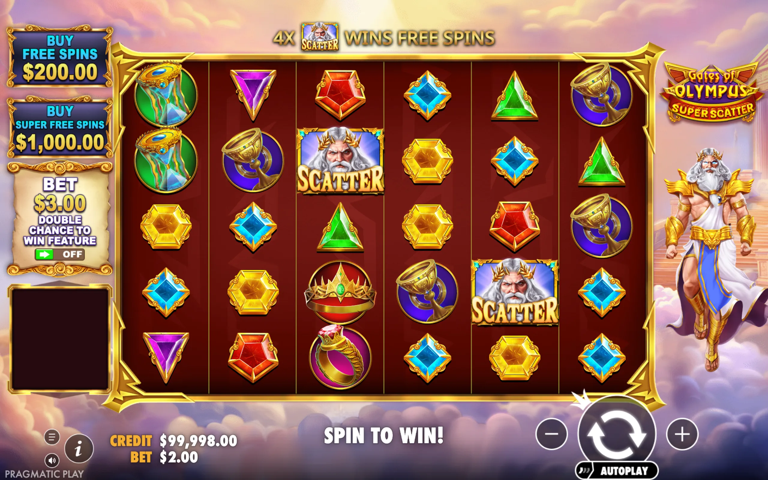 Gates of Olympus Super Scatter slot game interface featuring mythological symbols, Zeus scatter icons, and options to buy free spins or super free spins with a backdrop of clouds and a powerful Zeus figure.