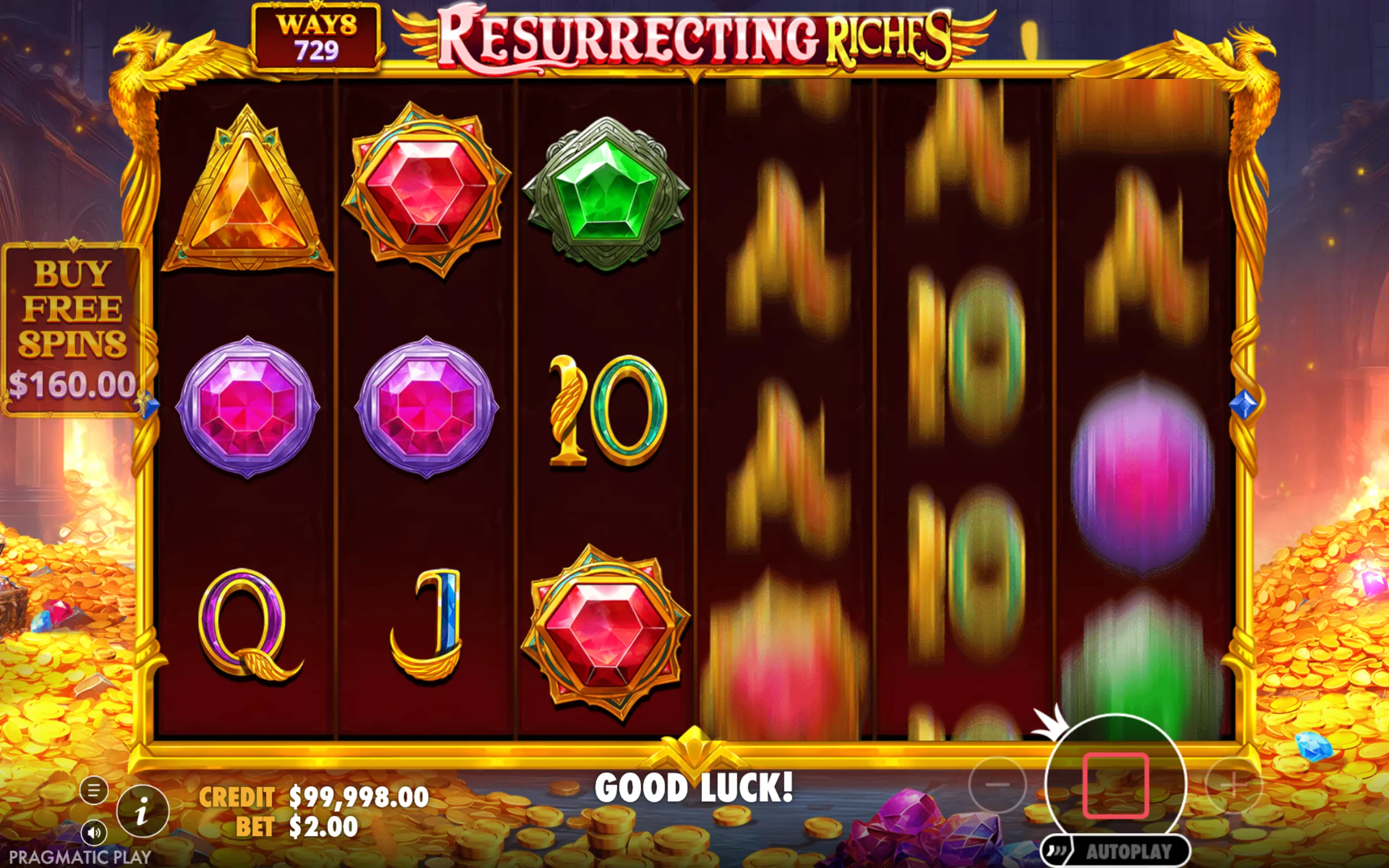 Slot game interface featuring colorful gem symbols and golden phoenix decorations with a treasure-filled backdrop.