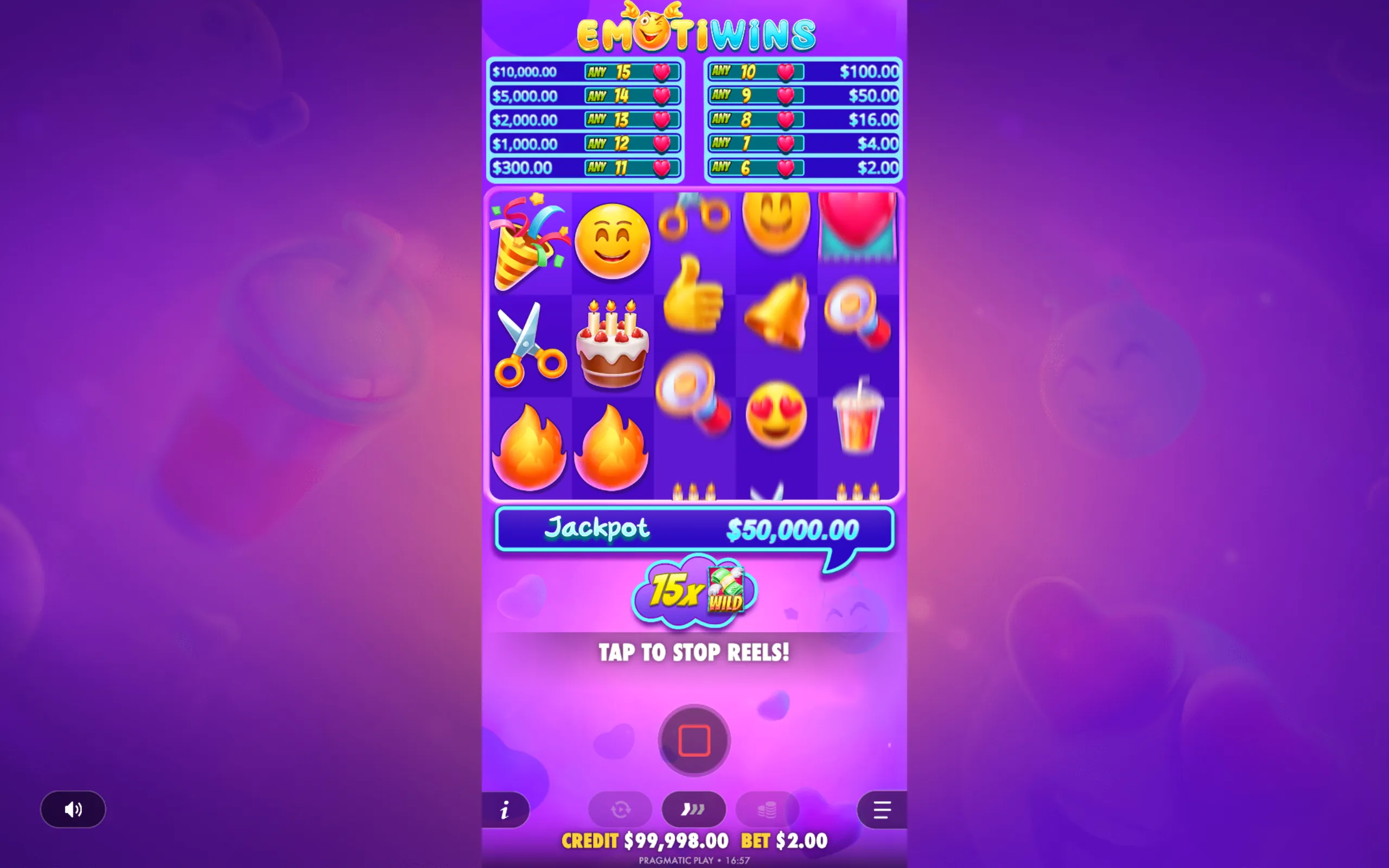 Bright slot game interface featuring colorful emoji symbols like smiley faces, hearts, and party items on a purple background with jackpot and payout details.