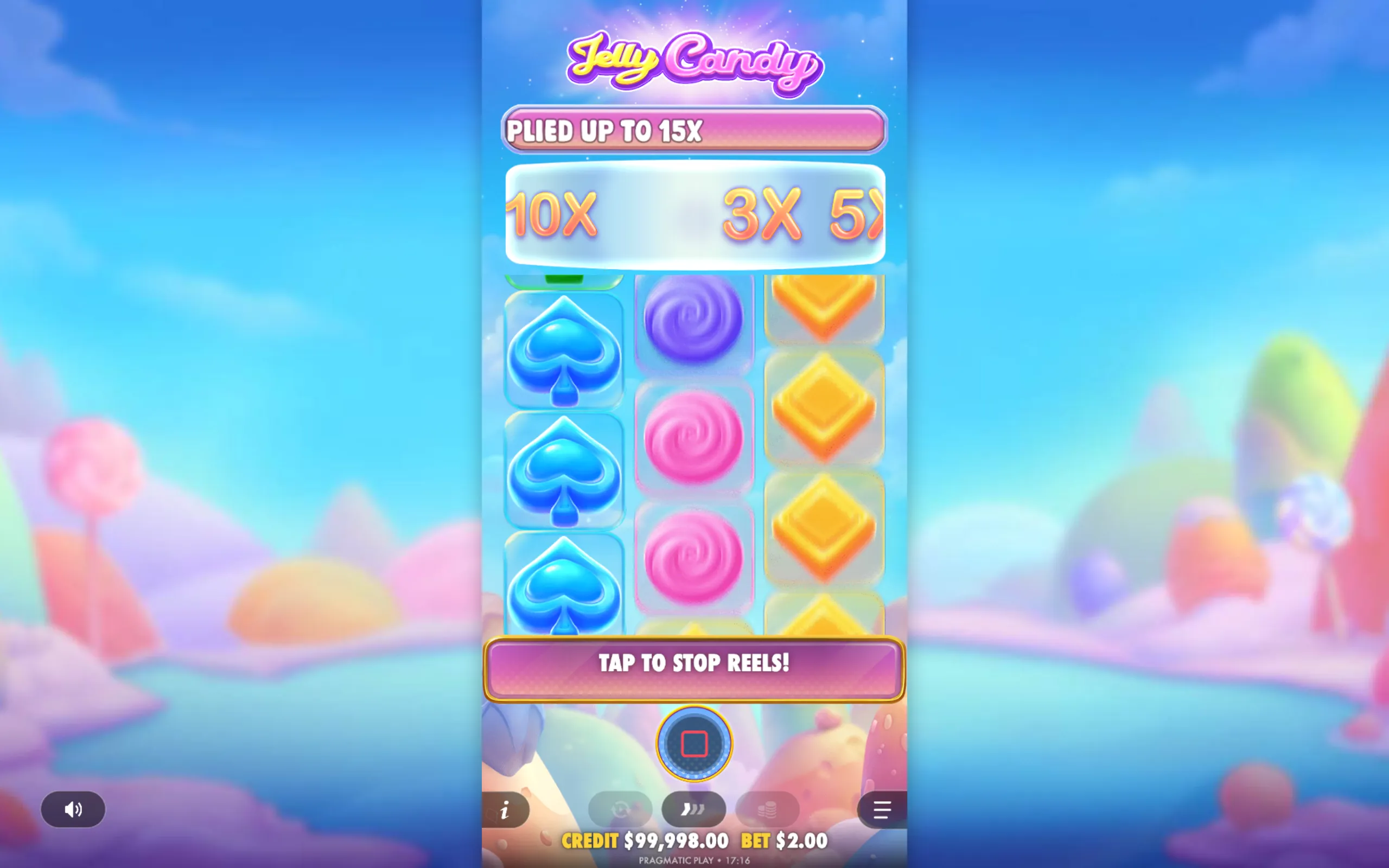 A vibrant slot game interface featuring jelly candy symbols in blue, pink, purple, and yellow with multipliers up to 15x and a pastel candy land background.