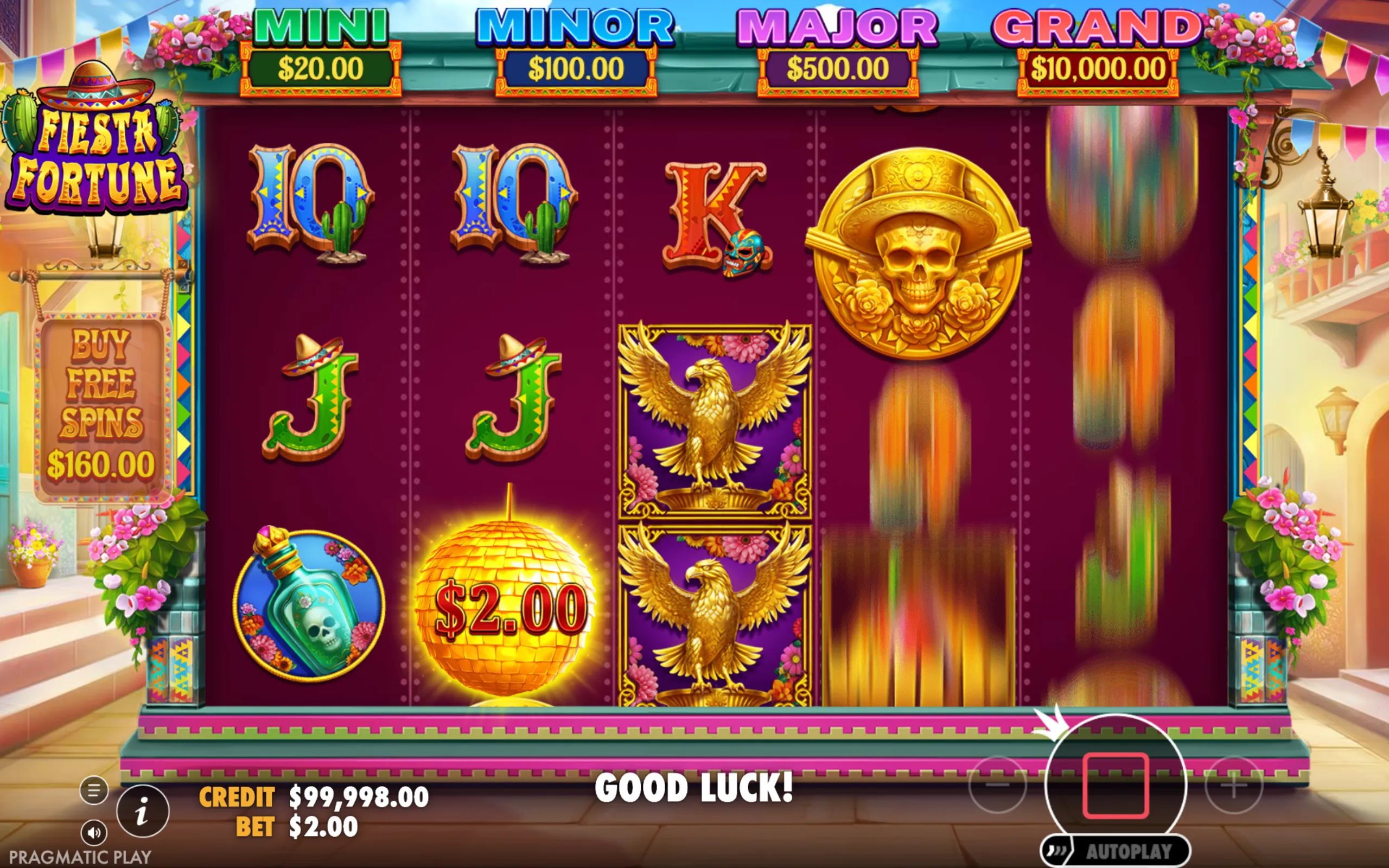 Fiesta Fortune slot game interface featuring colorful symbols such as golden skull coins, eagles, piñatas, and traditional fiesta elements with jackpot tiers displayed at the top.