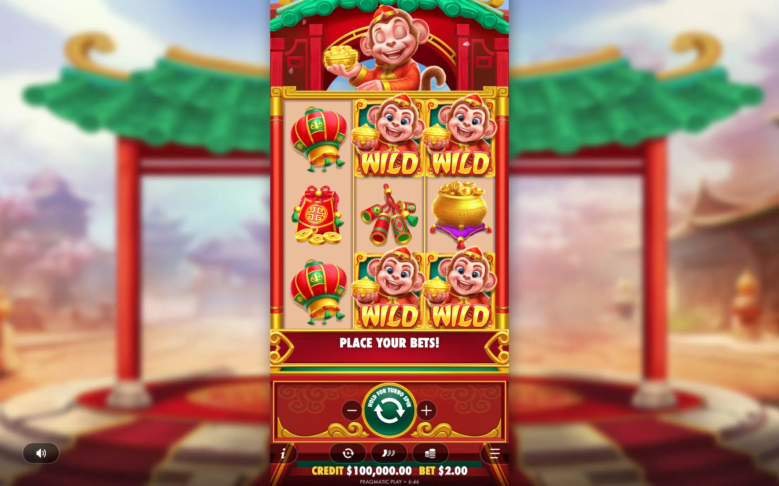 Slot game interface featuring cheerful monkey wild symbols and traditional Chinese lucky icons on a vibrant red and gold backdrop.
