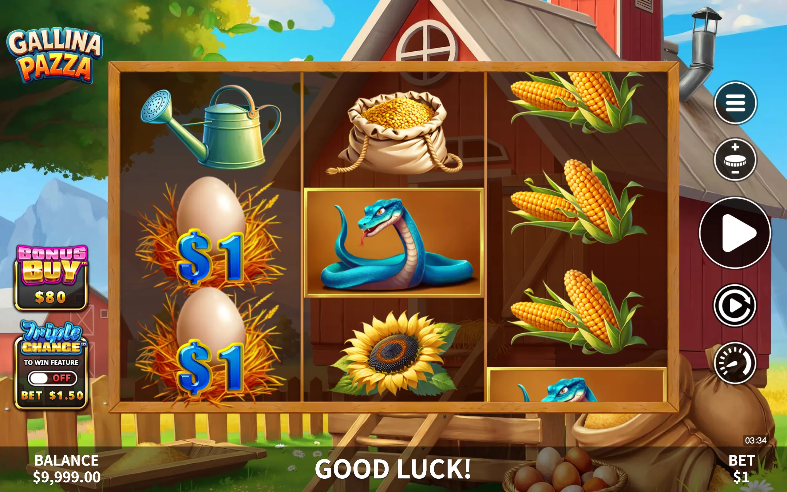 Farm-themed slot game with symbols including eggs, watering can, sack of grain, corn, sunflower, and a blue snake on a barnyard background