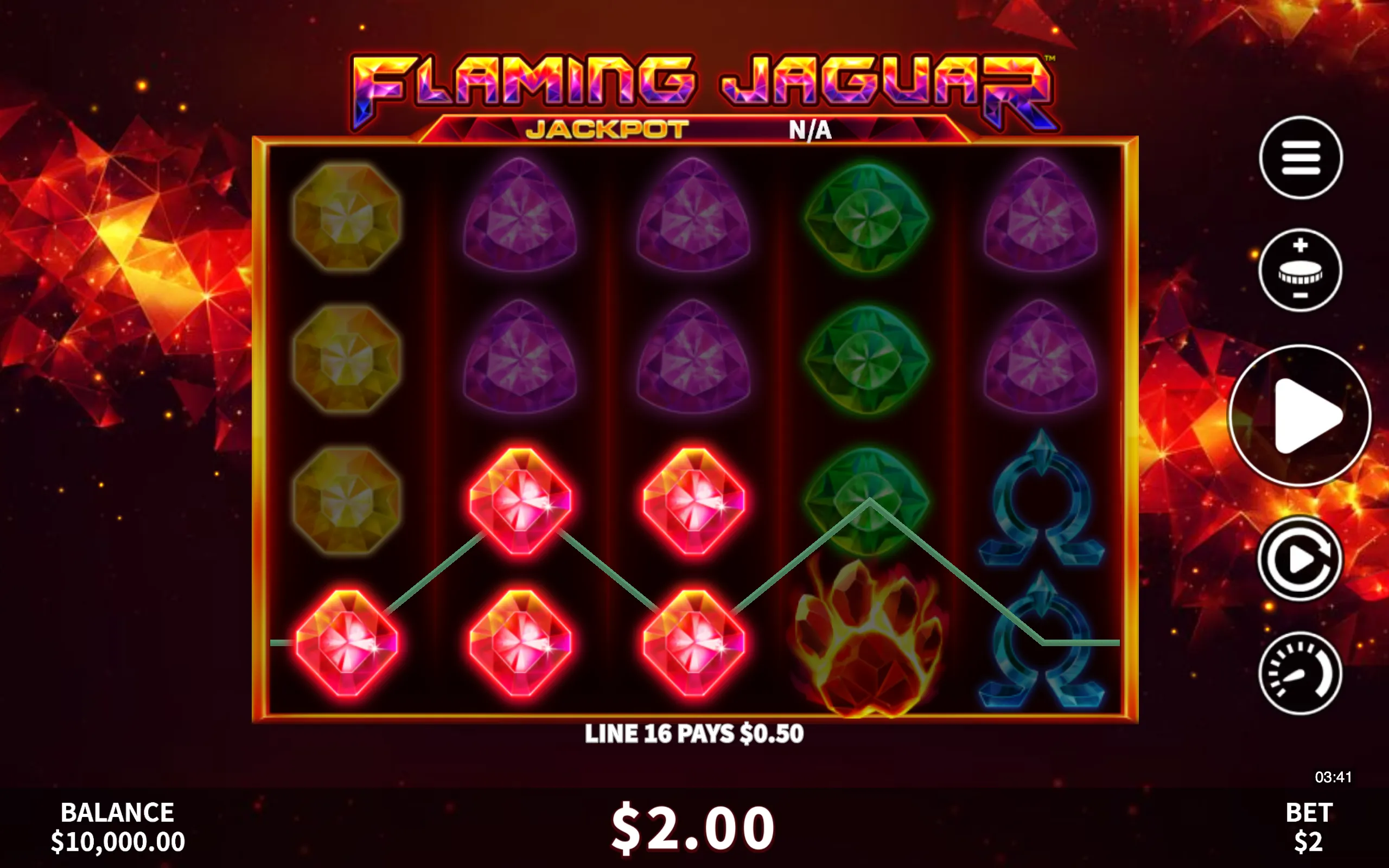 Slot game interface with colorful gem symbols and a flaming paw print, set against a fiery red and orange geometric background.