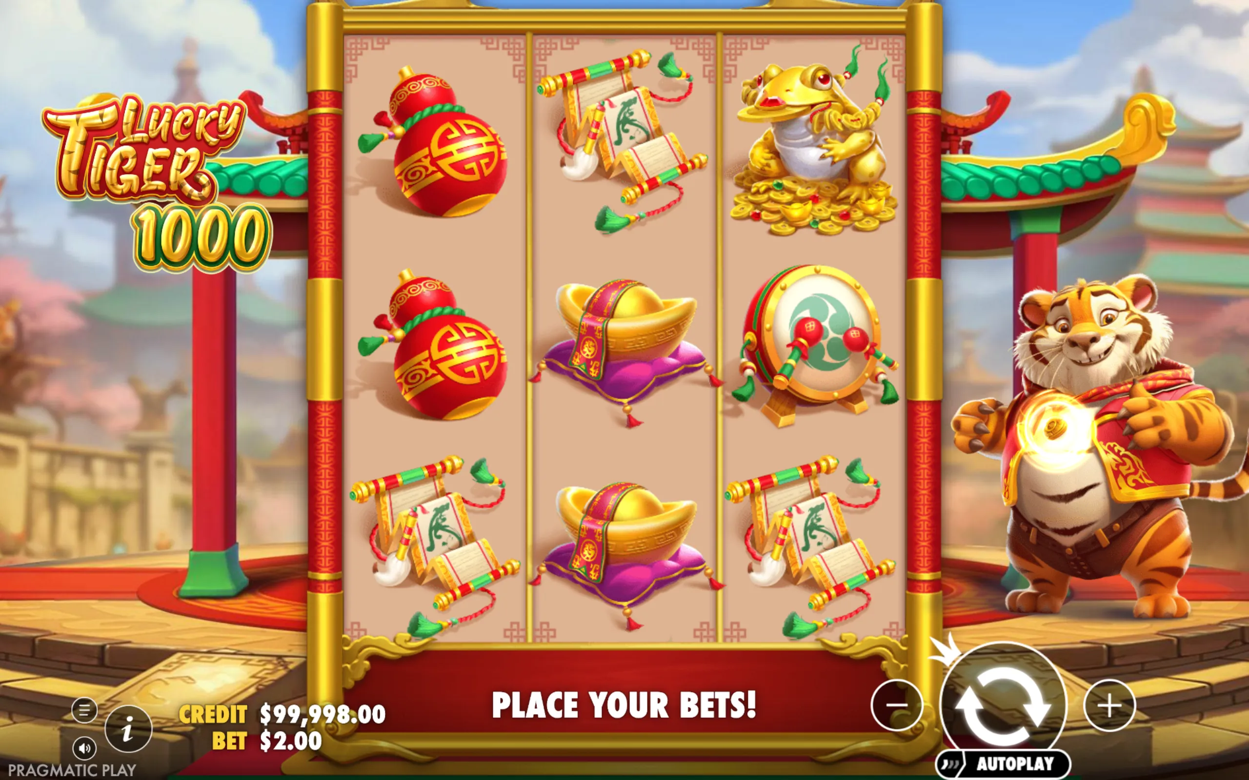 Lucky Tiger 1000 slot game featuring vibrant Asian-inspired symbols like golden frogs, scrolls, and red lanterns with a cheerful tiger character.