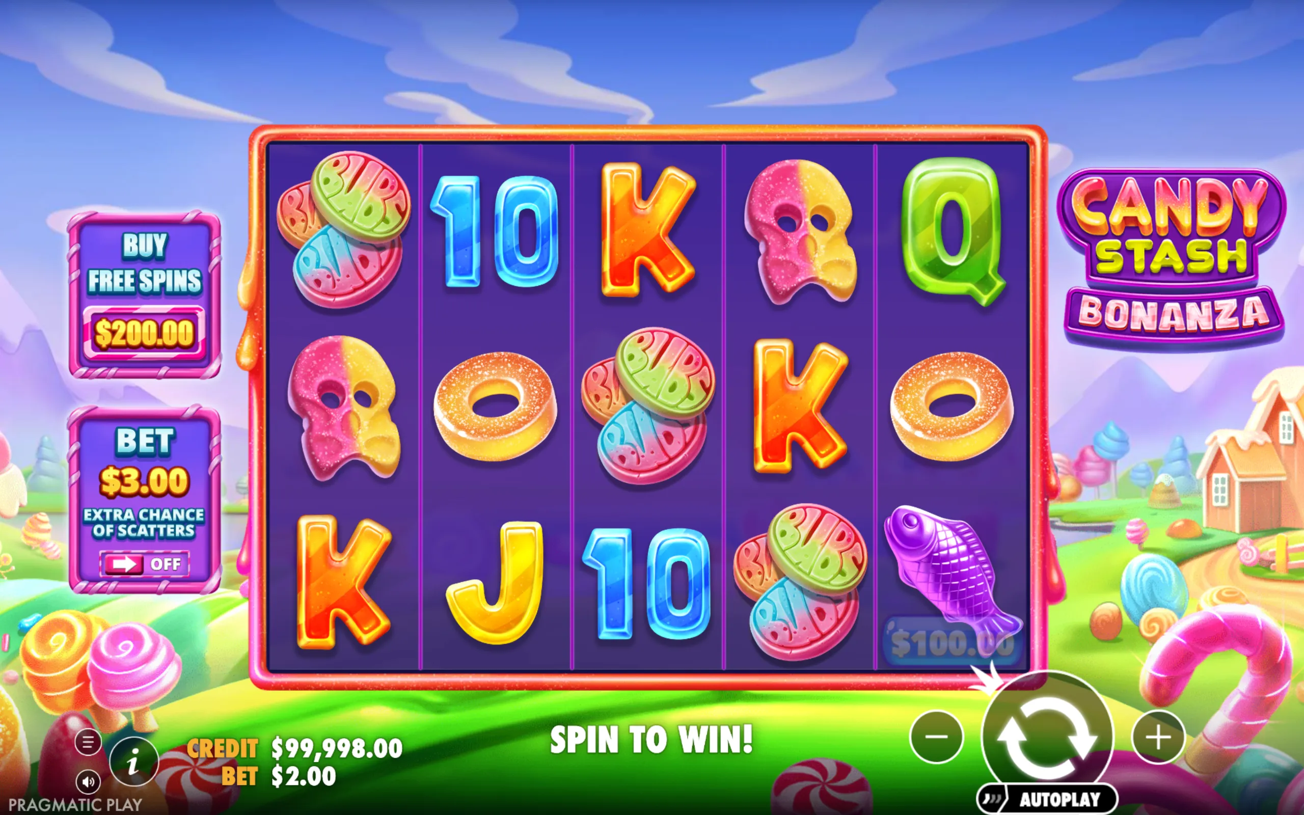 Candy Stash Bonanza slot game with vibrant candy symbols and colorful letters on a purple reel set against a whimsical candy land background.
