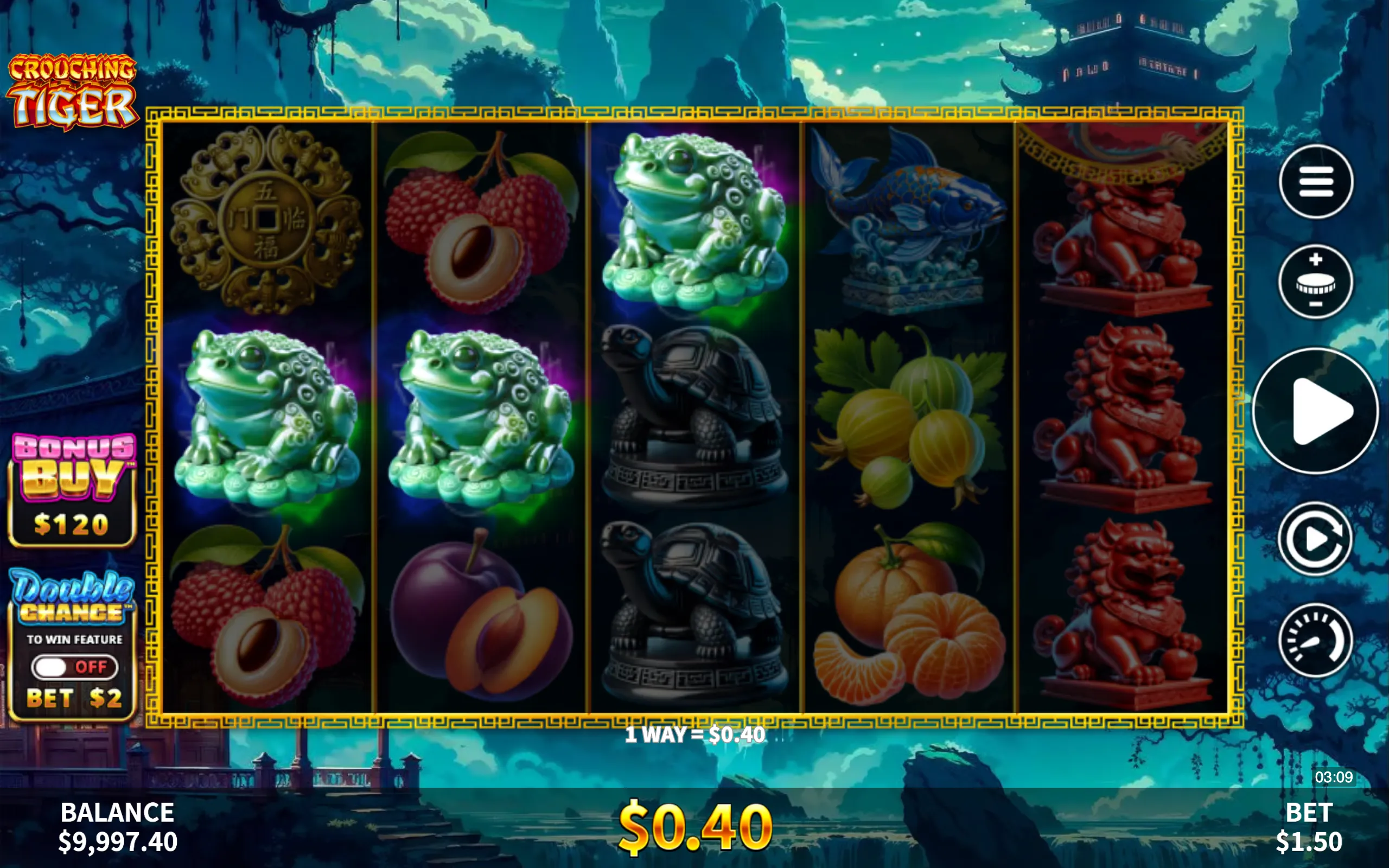 Slot game interface featuring jade frog, red lion statues, and Asian-inspired symbols with a mystical night landscape backdrop.