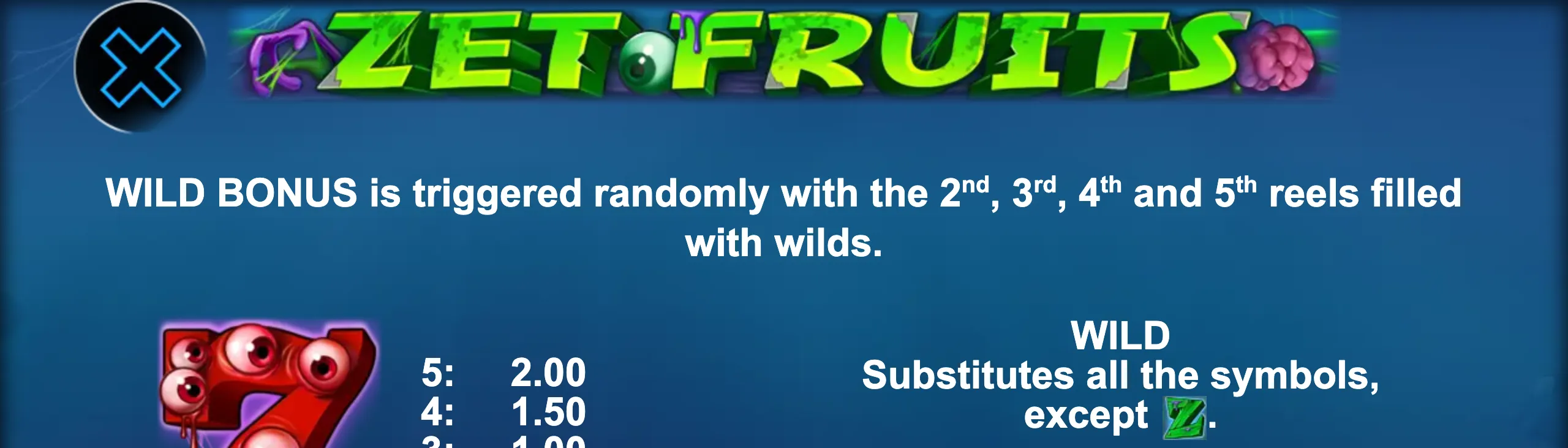 Zet Fruits slot game preview with a quirky, eye-themed 7 symbol and wild bonus details
