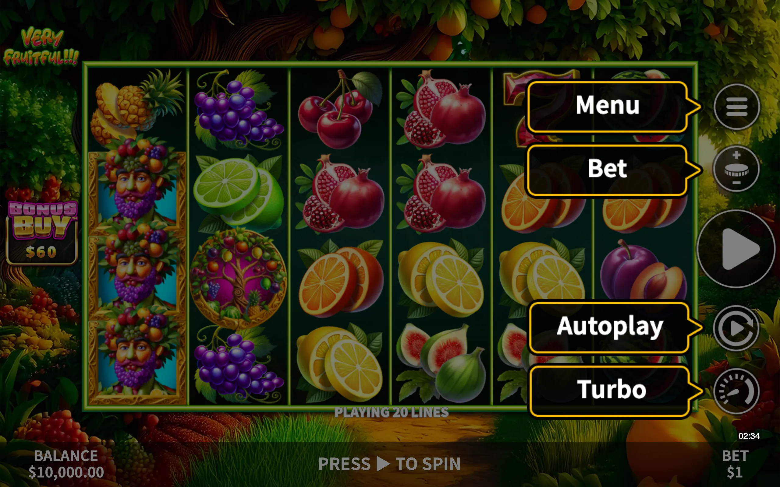 Very Fruitful symbol payouts on the game board