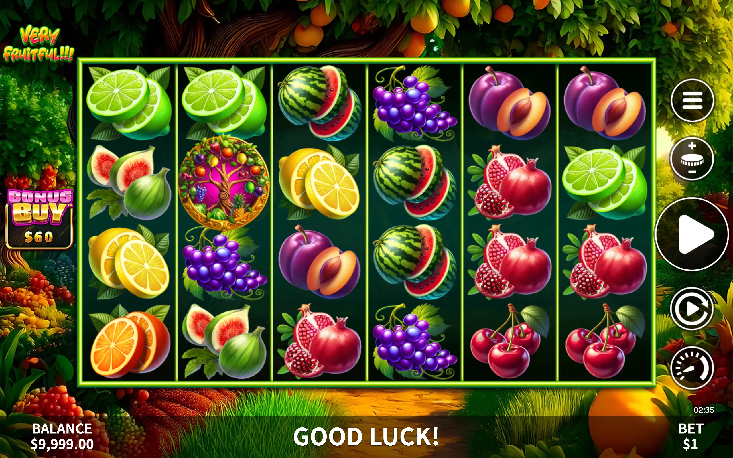 Colorful slot reels filled with various juicy fruit symbols including lime, watermelon, grapes, plums, pomegranate, and cherries, set against a lush orchard background.