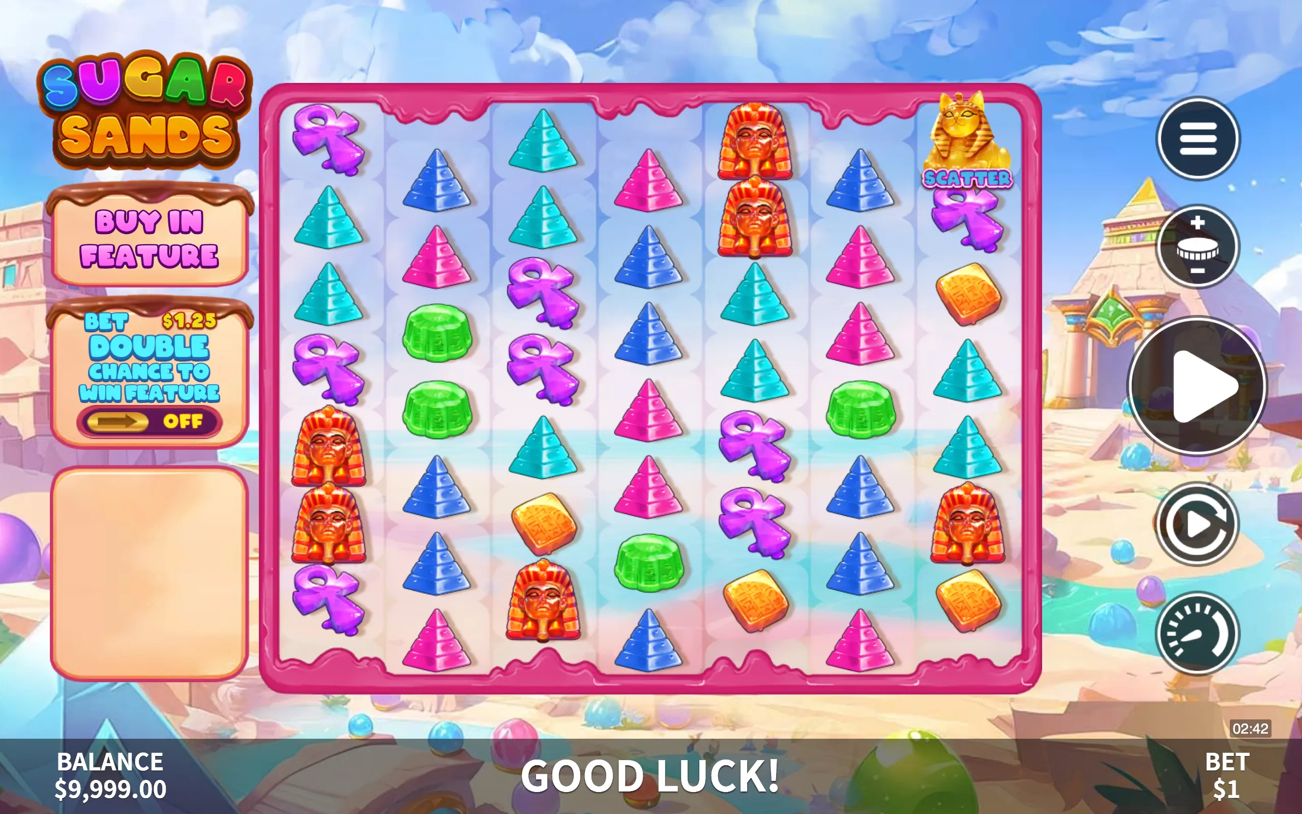 Sugar Sands slot game with candy-styled Egyptian symbols including pyramids, pharaoh heads, and a cat scatter symbol, set against a bright sky and ancient temple backdrop.
